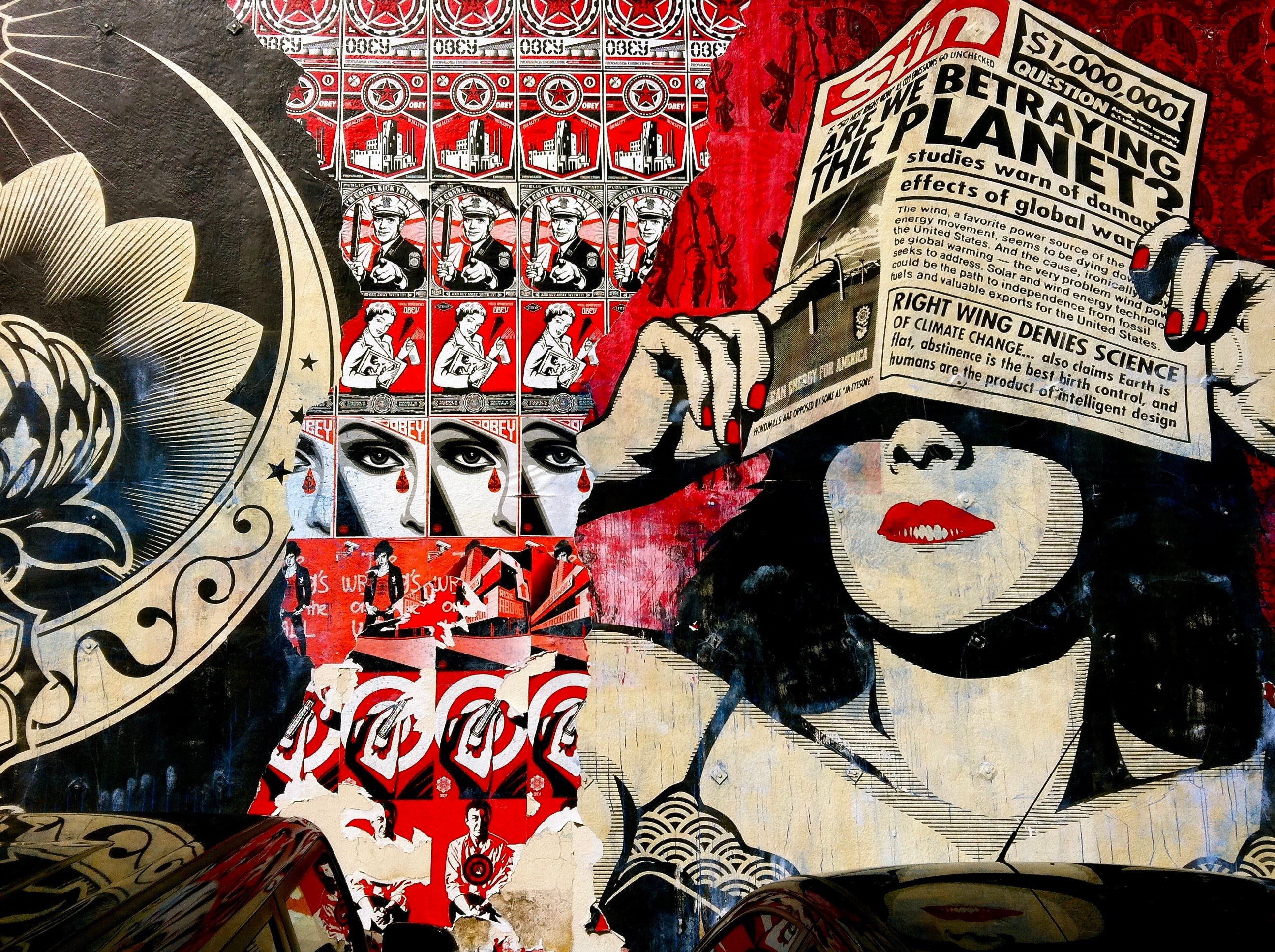 representation, mural, newspaper, cultures, festival, celebration, day, outdoors, red, art and craft, pattern, close-up, lifestyles, disguise, 2K, graffiti, HD Wallpaper