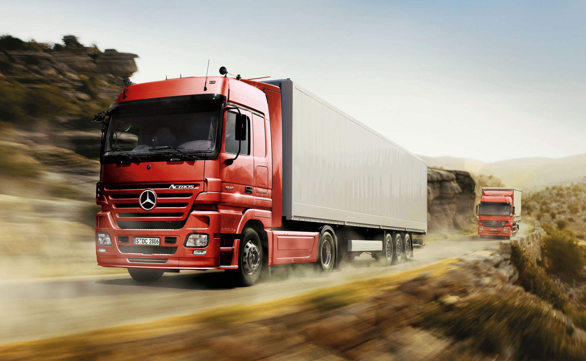 sky, mercedes actros, trucking, mode of Transport, large, delivering, freight Transportation, red, trucks, benz, motion, business, 1080P, truck, travel, HD Wallpaper
