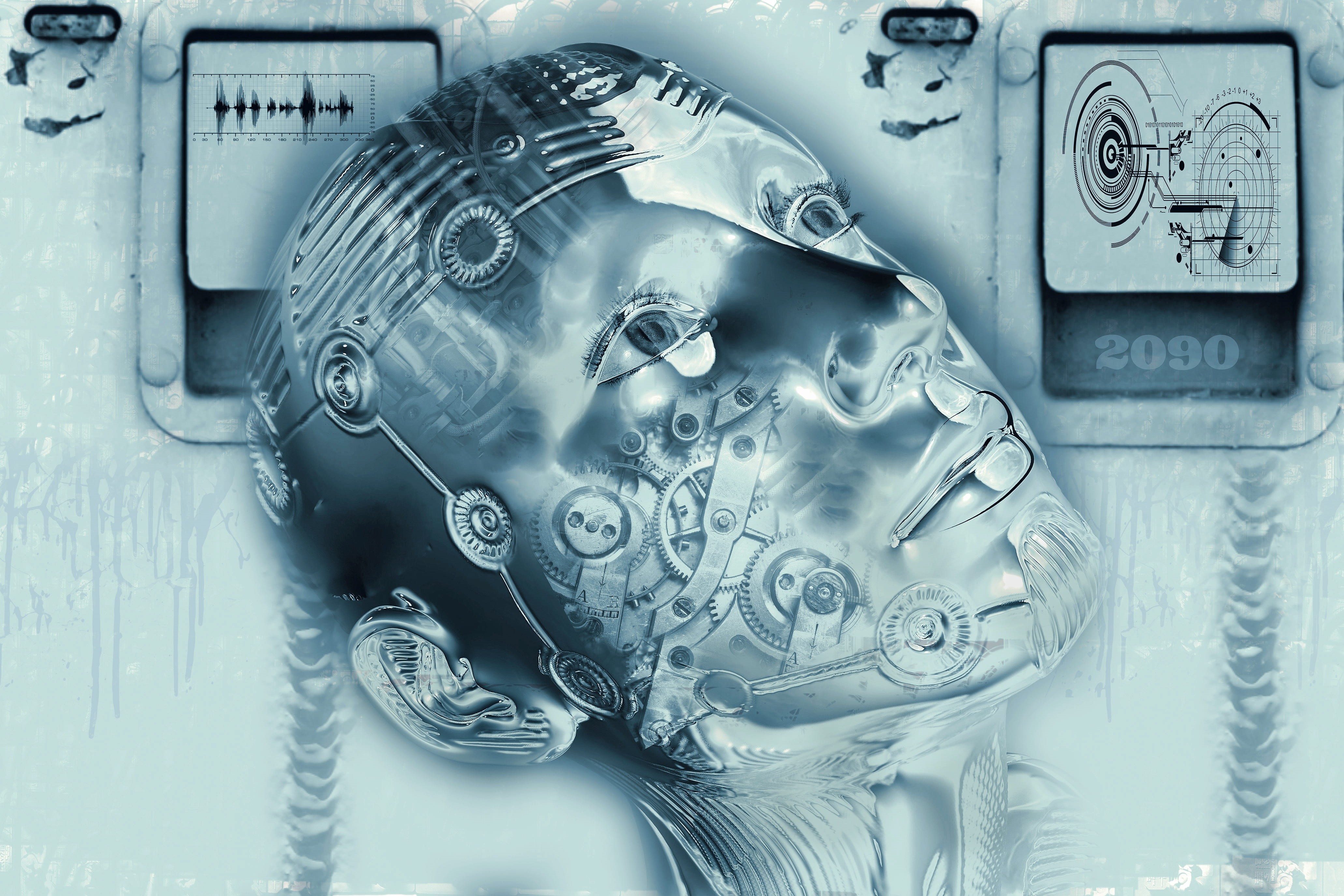 artificial intelligence, female, transportation, steel, no people, industry, head, digital, close-up, futuristic, sci fi, human, cyborg, digitization, mode of transportation, HD Wallpaper