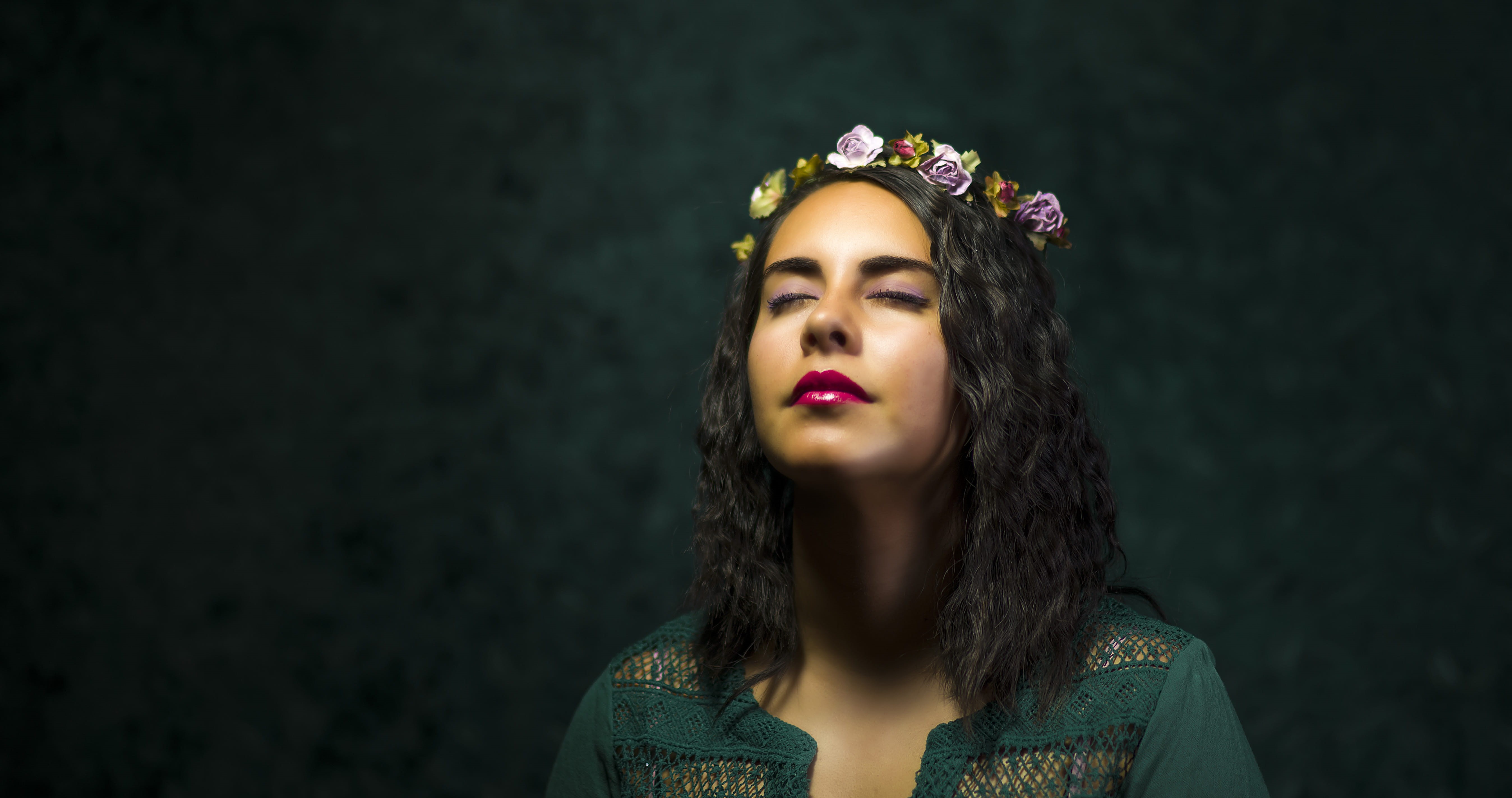 5K, background, lipstick, woman, hairstyle, contemplation, crown, eyes, people, beautiful woman, split, women, young Women, beauty, one Person, black, HD Wallpaper