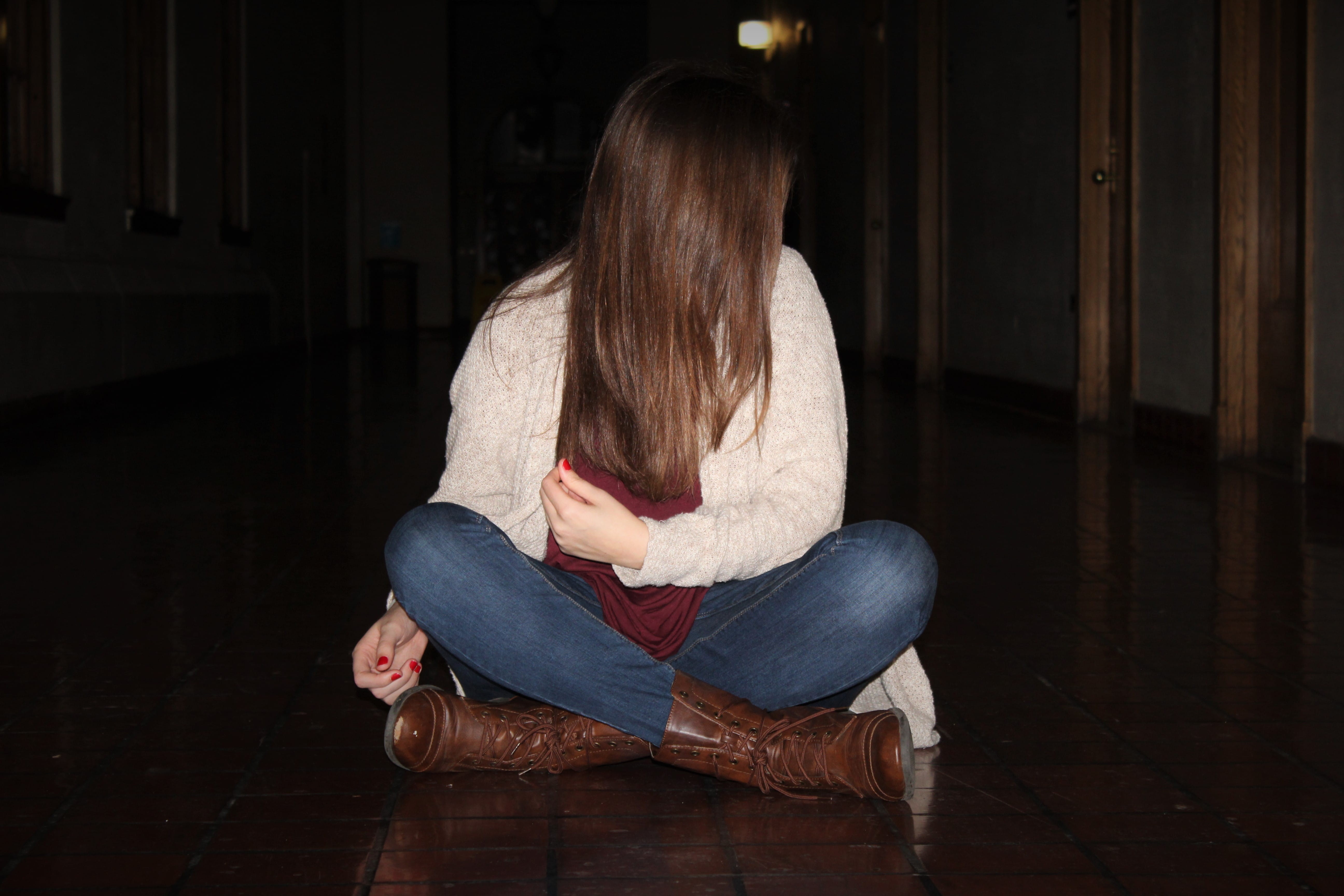 wood, flooring, indoors, full length, model, jeans, hairstyle, anxious, insecure, look, faith, struggle, casual clothing, hope, sadness, long hair, sitting, HD Wallpaper