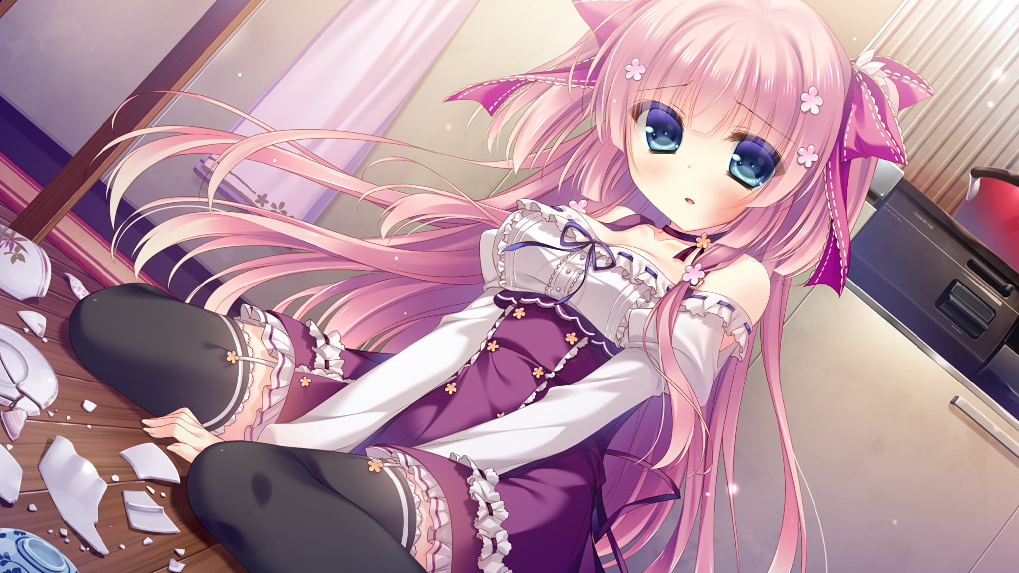 visual novel, pink hair, purple, dress, clothing, girl, celebration, technology, hakoniwa logic, indoors, pink, arts culture and entertainment, blond hair, HD Wallpaper