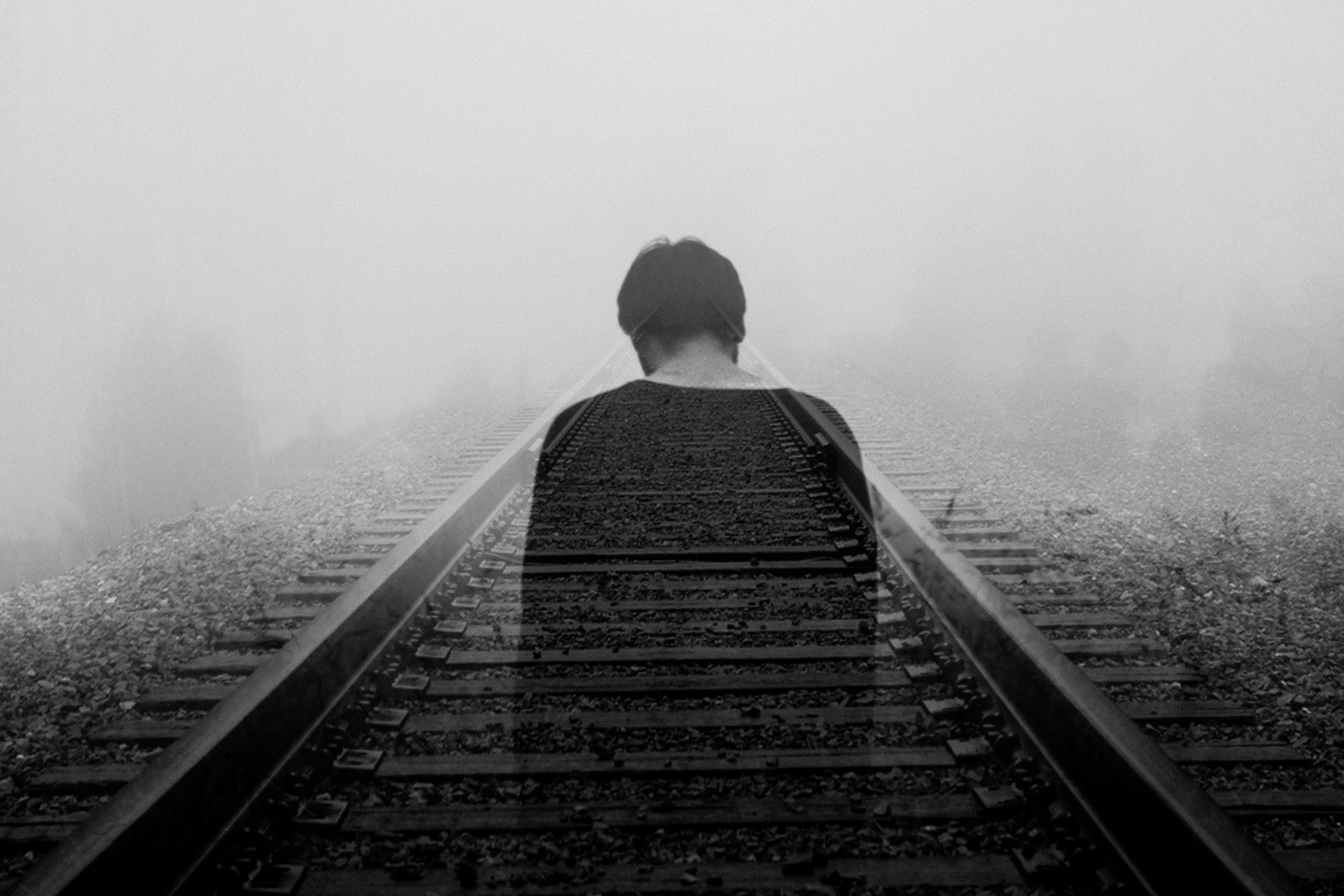 outdoors, fading, man, train, people, human, shirt, one Person, travel, anxiety, train track, male, ghost, railroad Track, grayscale, sad, black And White, HD Wallpaper