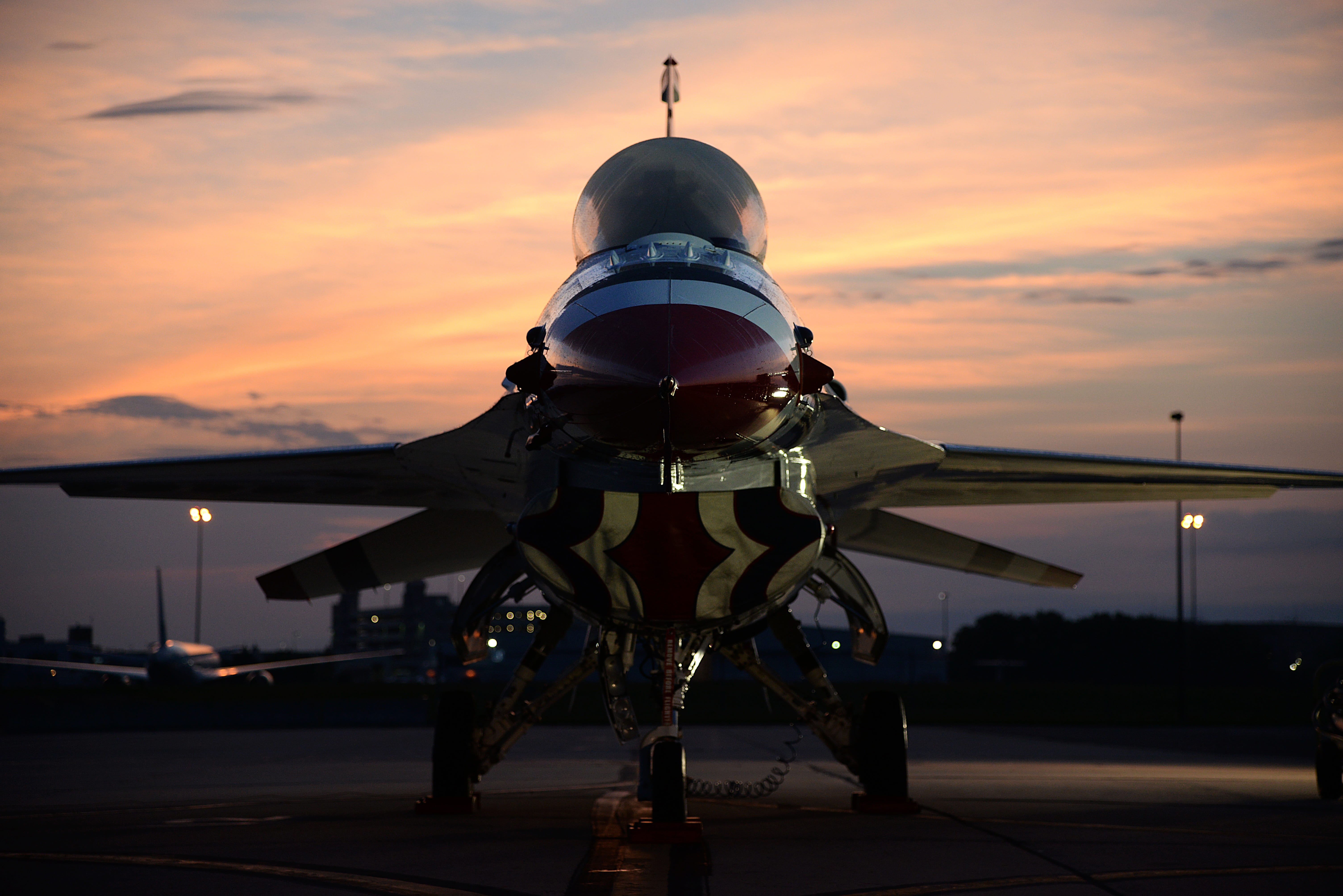 f-16, aerospace industry, fighter, airport runway, airshow, display, aviation, aerobatic, f-16 thunderbird, stationary, runway, thunderbirds, travel, orange color, HD Wallpaper