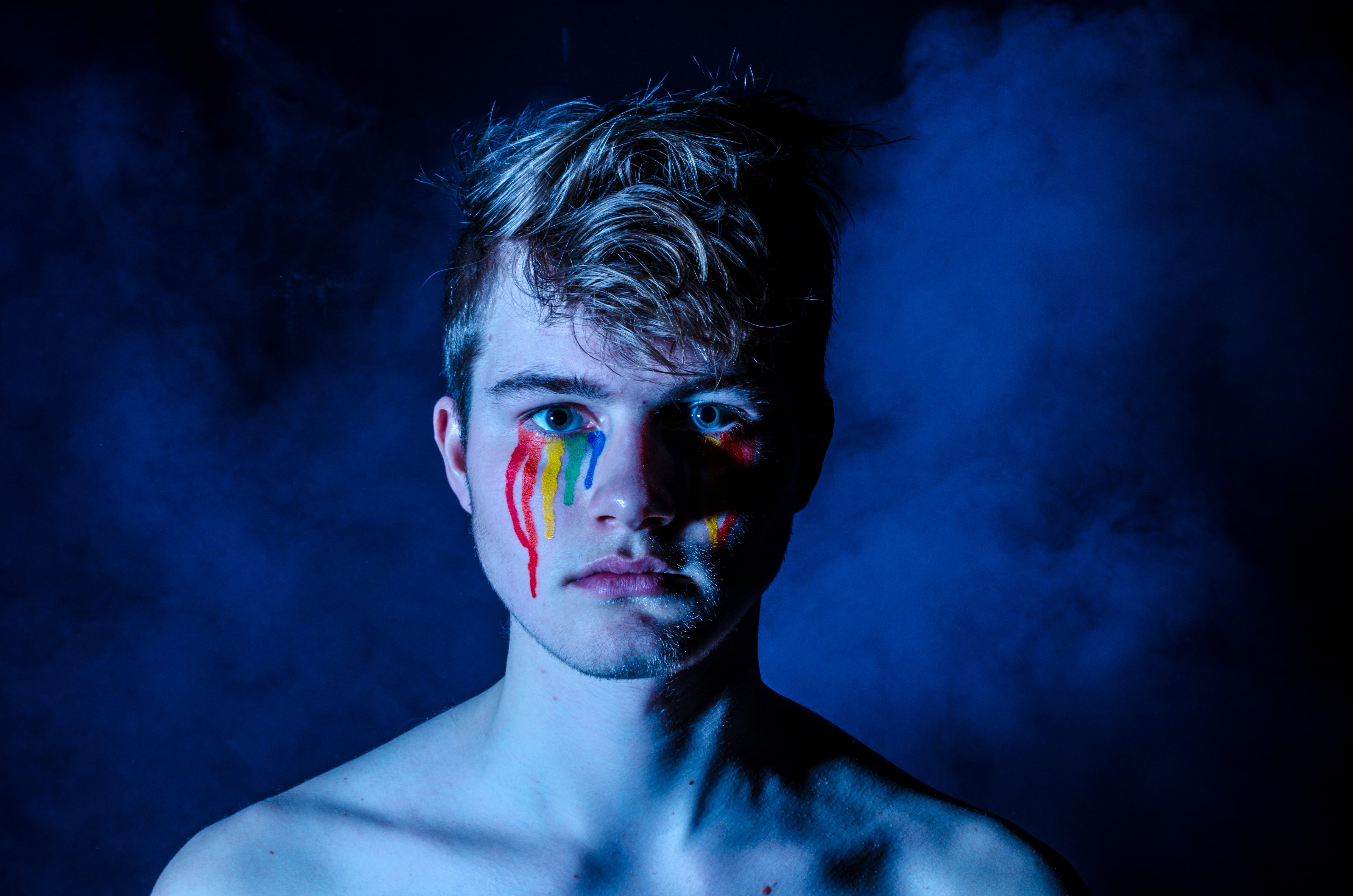 bizarre, photo, one Person, aggression, front view, painting, blood, mystery, face, blue, body paint, dark, black background, man, person, body part, Tears, HD Wallpaper