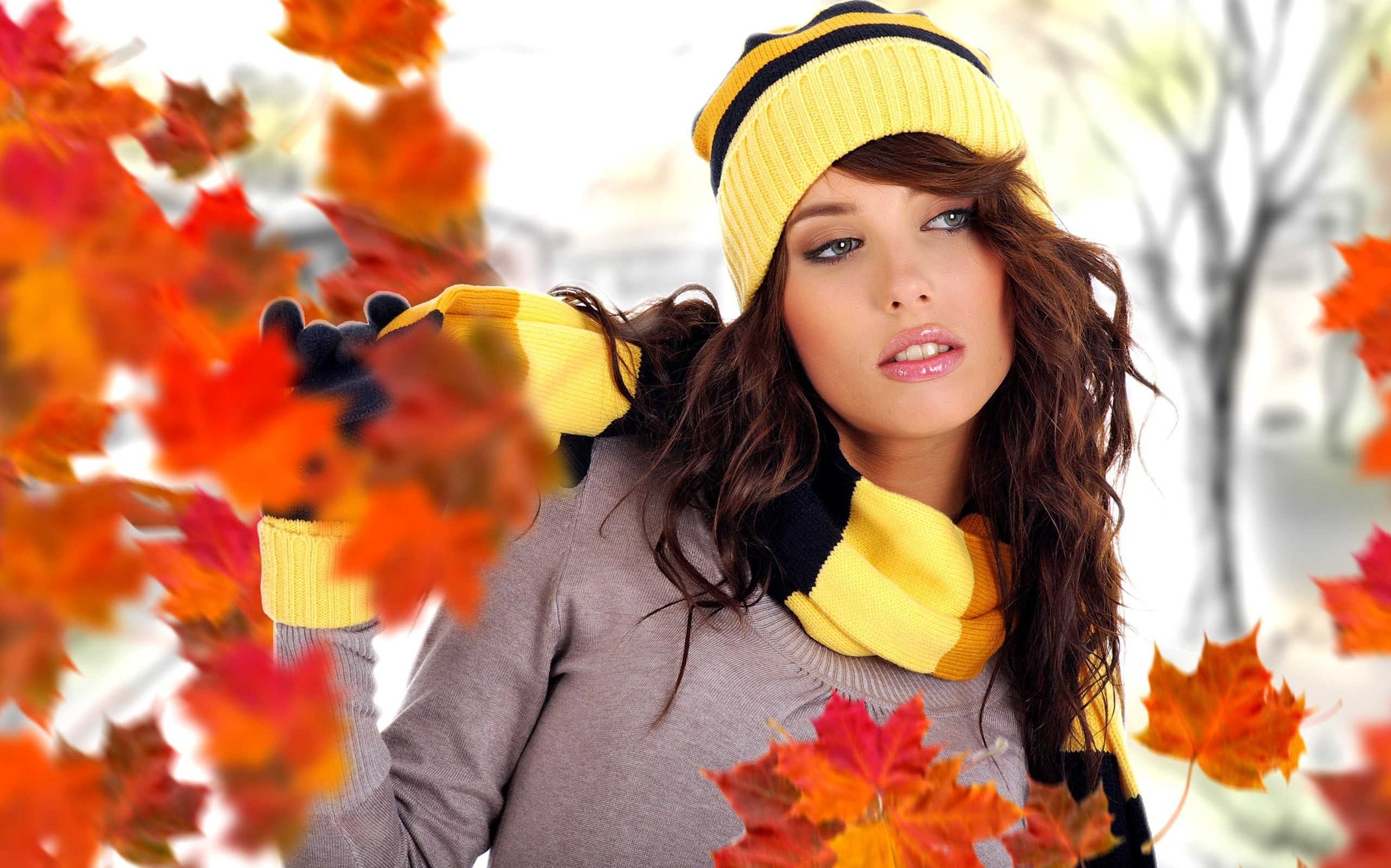 model, real people, hat, flower, s, human Face, gloves, beautiful woman, 2K, beautiful People, fashion, leaf, front view, cheerful, long Hair, brunette, HD Wallpaper