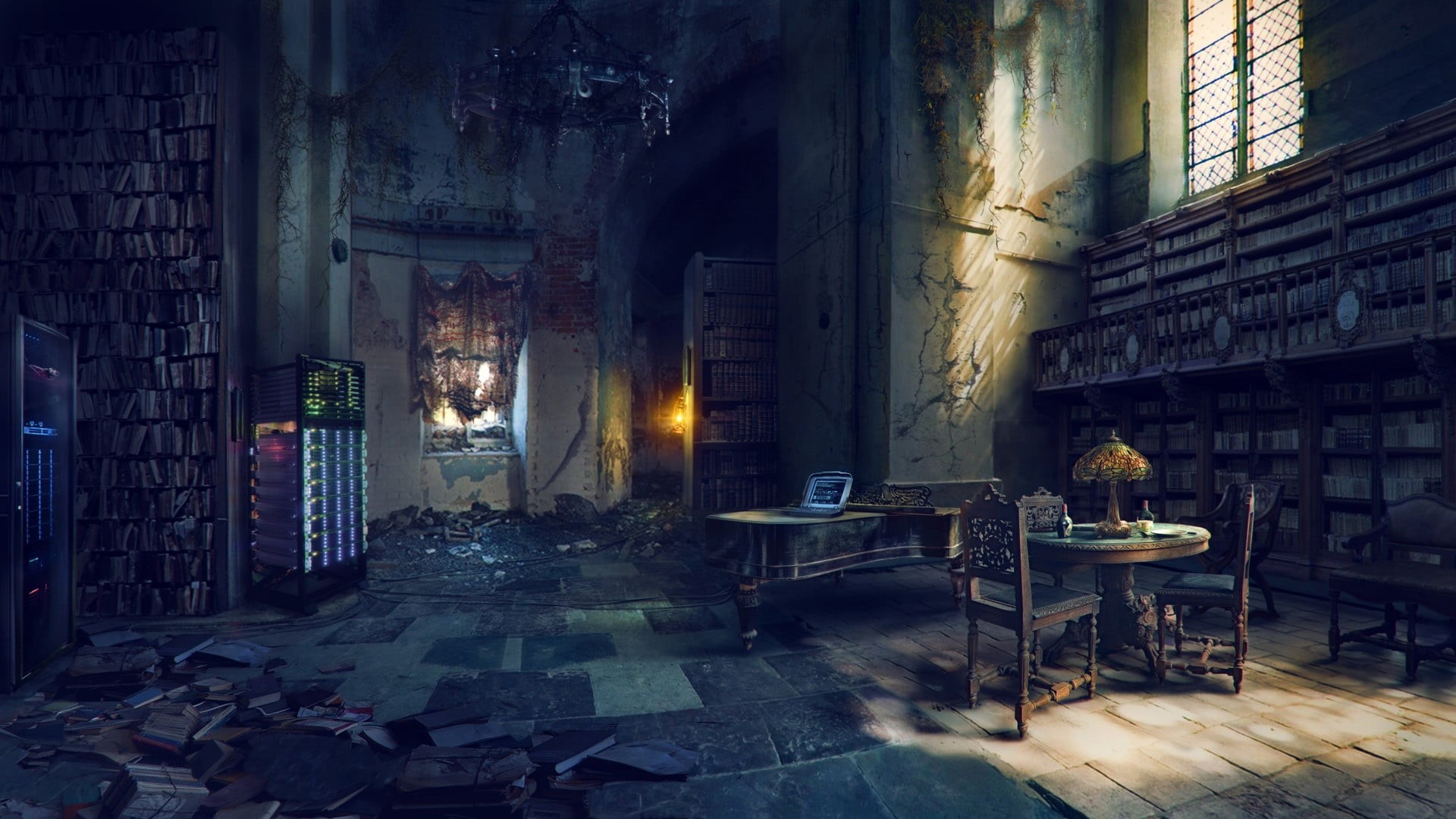 indoors, bookshelves, old, chandeliers, books, window, history, pedestal, wooden, interior, obsolete, absence, photography, abandoned, round, laptop, server, HD Wallpaper