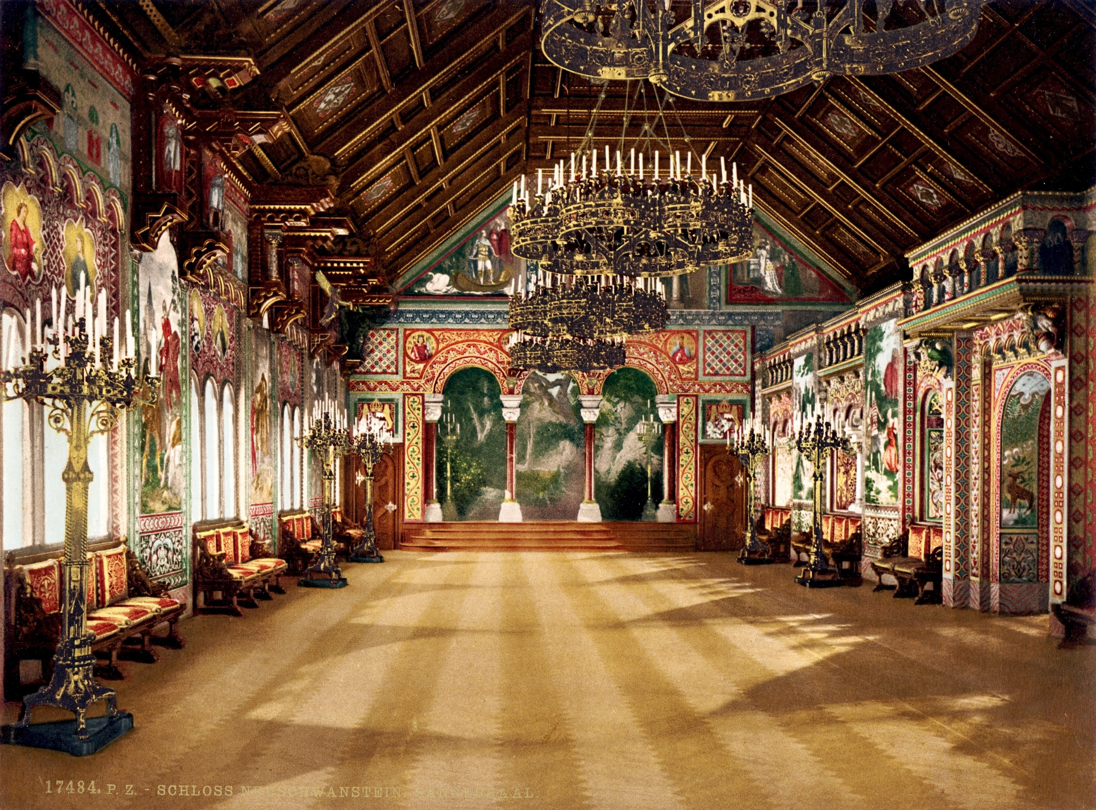 no people, fresco, the past, history, ceiling, travel, building, füssen, travel destinations, arcade, indoors, spirituality, architectural column, brass, HD Wallpaper