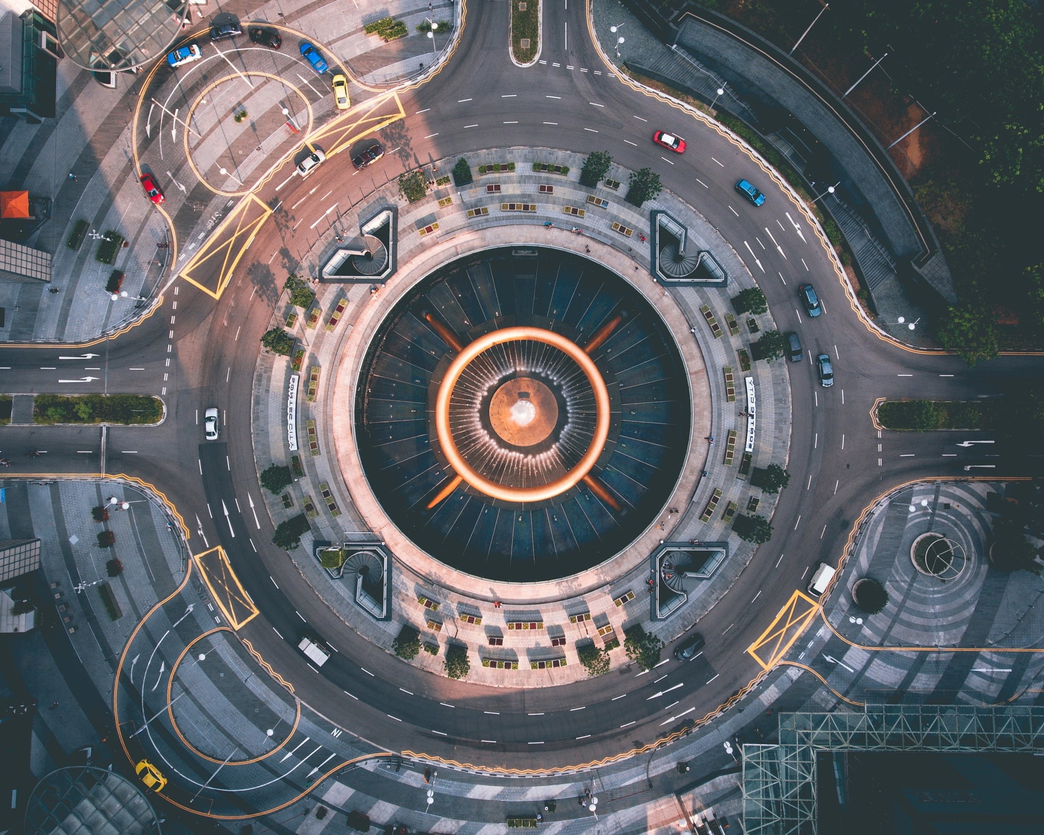 building, shape, traffic circle, Singapore, cityscape, directly above, city, illuminated, transportation, cupola, outdoors, 1080P, no people, high angle view, HD Wallpaper