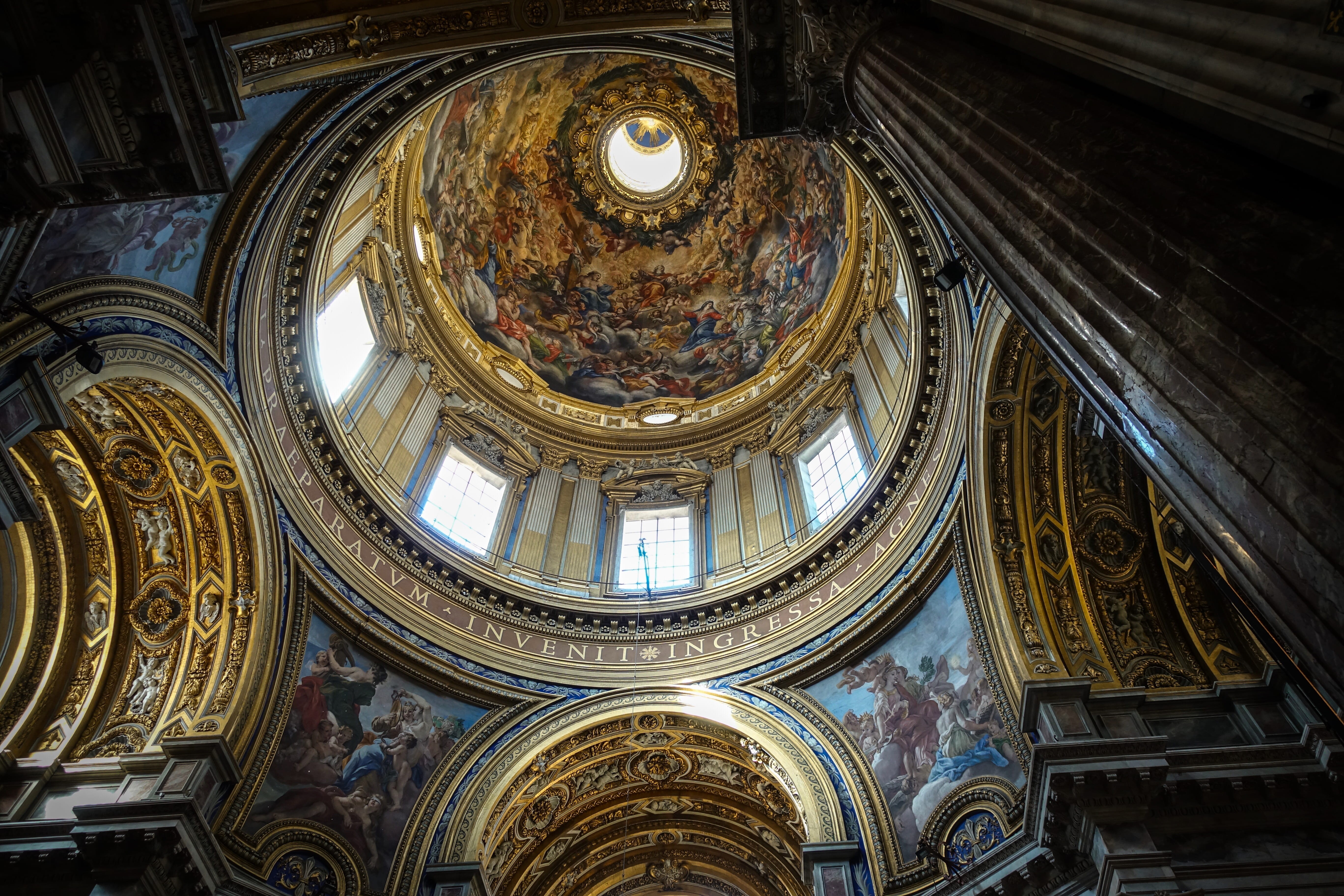 religion, steeple, light, pillar, crypt, directly below, ornate, history, mural, apse, low angle view, italy, cupola, fresco, the past, built structure, HD Wallpaper