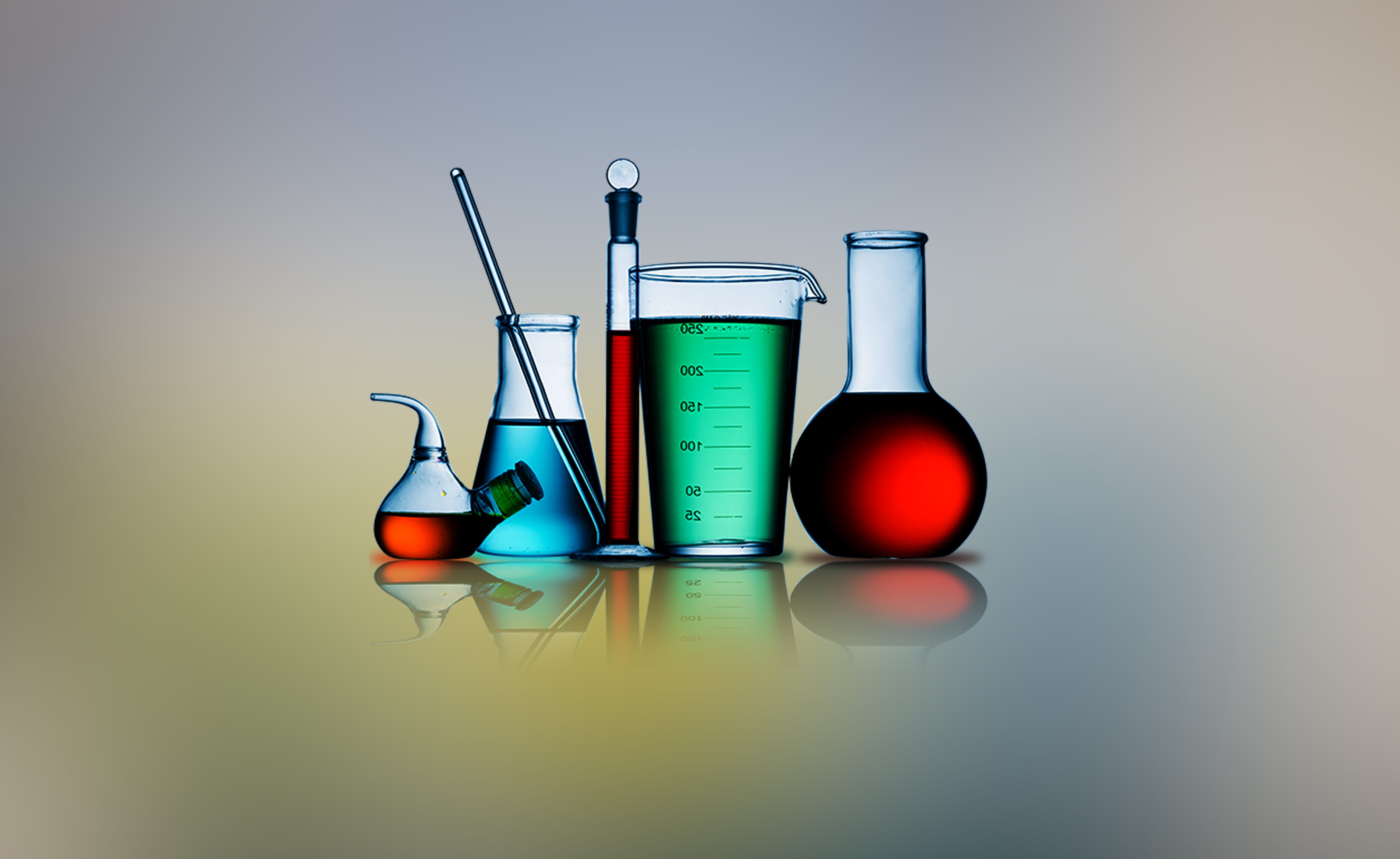 reflection, glass - material, laboratories, still life, science, scientific experiment, table, research, container, variation, wall - building feature, HD Wallpaper