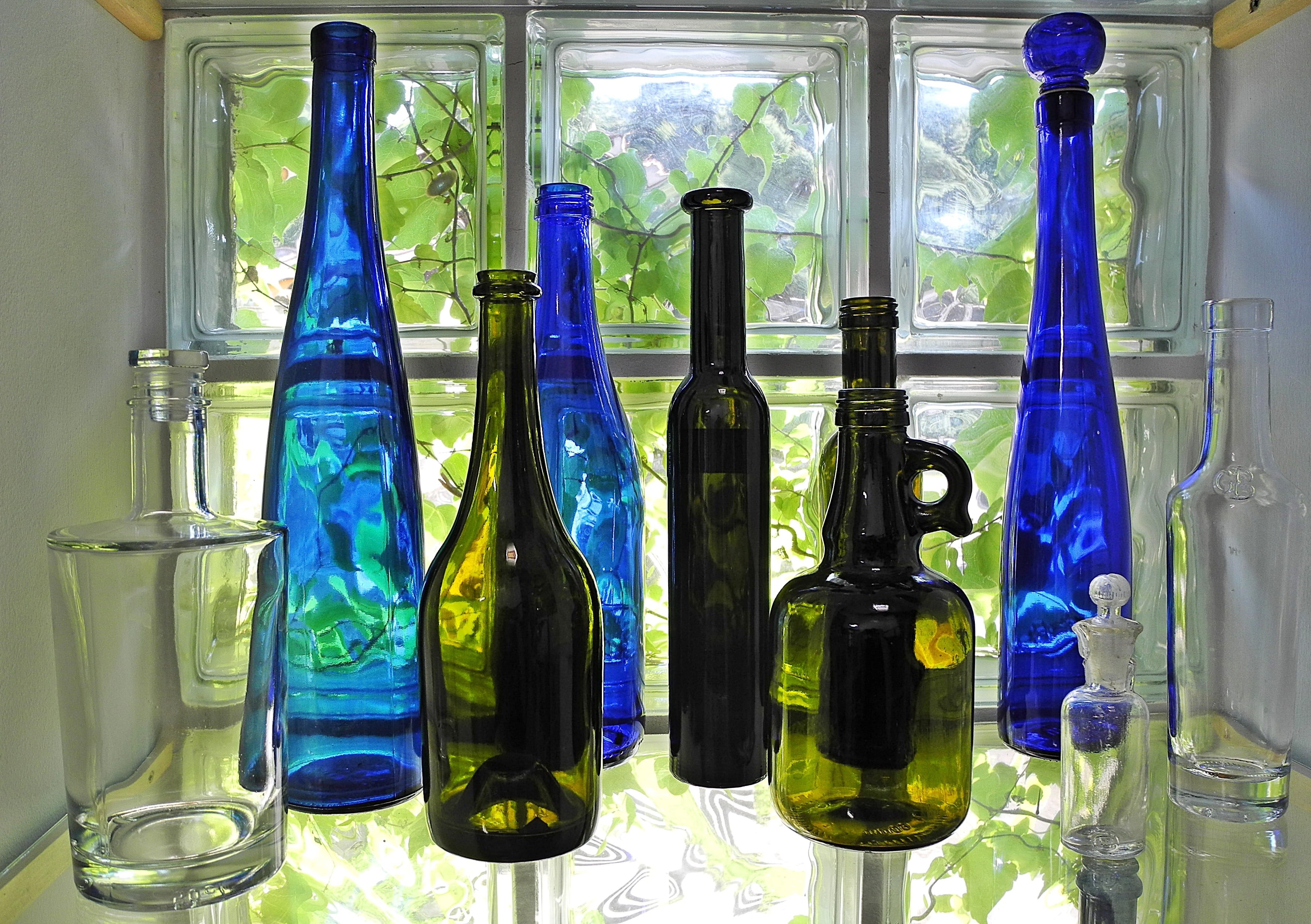 green, 2K, bottle, large group of objects, colored glass, arrangement, blue, window, indoors, no people, research, glass brick, shelf, variation, science, HD Wallpaper