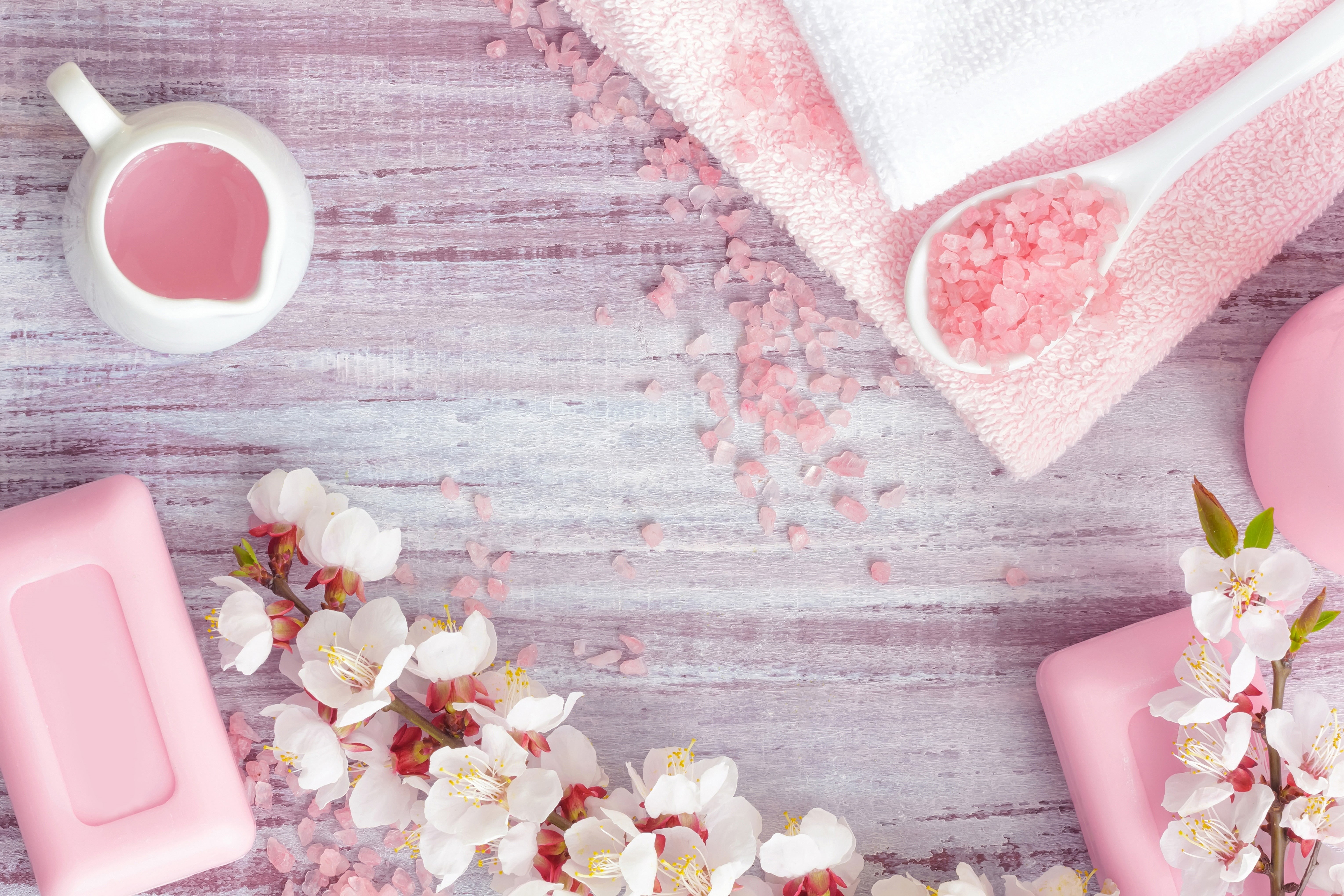 beauty Treatment, pink Color, backgrounds, beauty, 5K, no people, soap, coffee cup, white, petal, indoors, wood - Material, sprig, Spa, flower, high angle view, HD Wallpaper