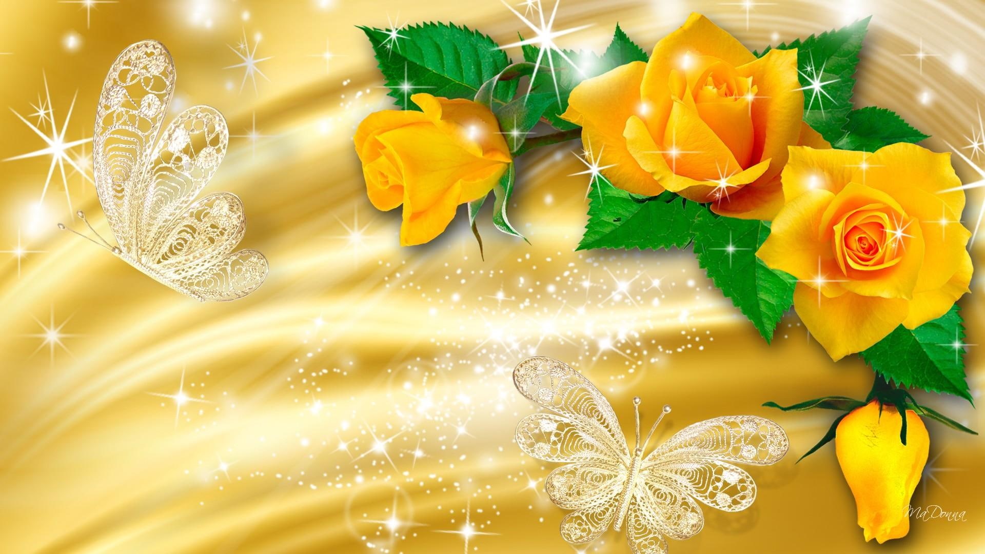 butterflies, scintillate, satin, yellow, papillon, glowing, twinkle, glitter, gleam, gold, glint, roses, 1080P, flowers, lustre, HD Wallpaper