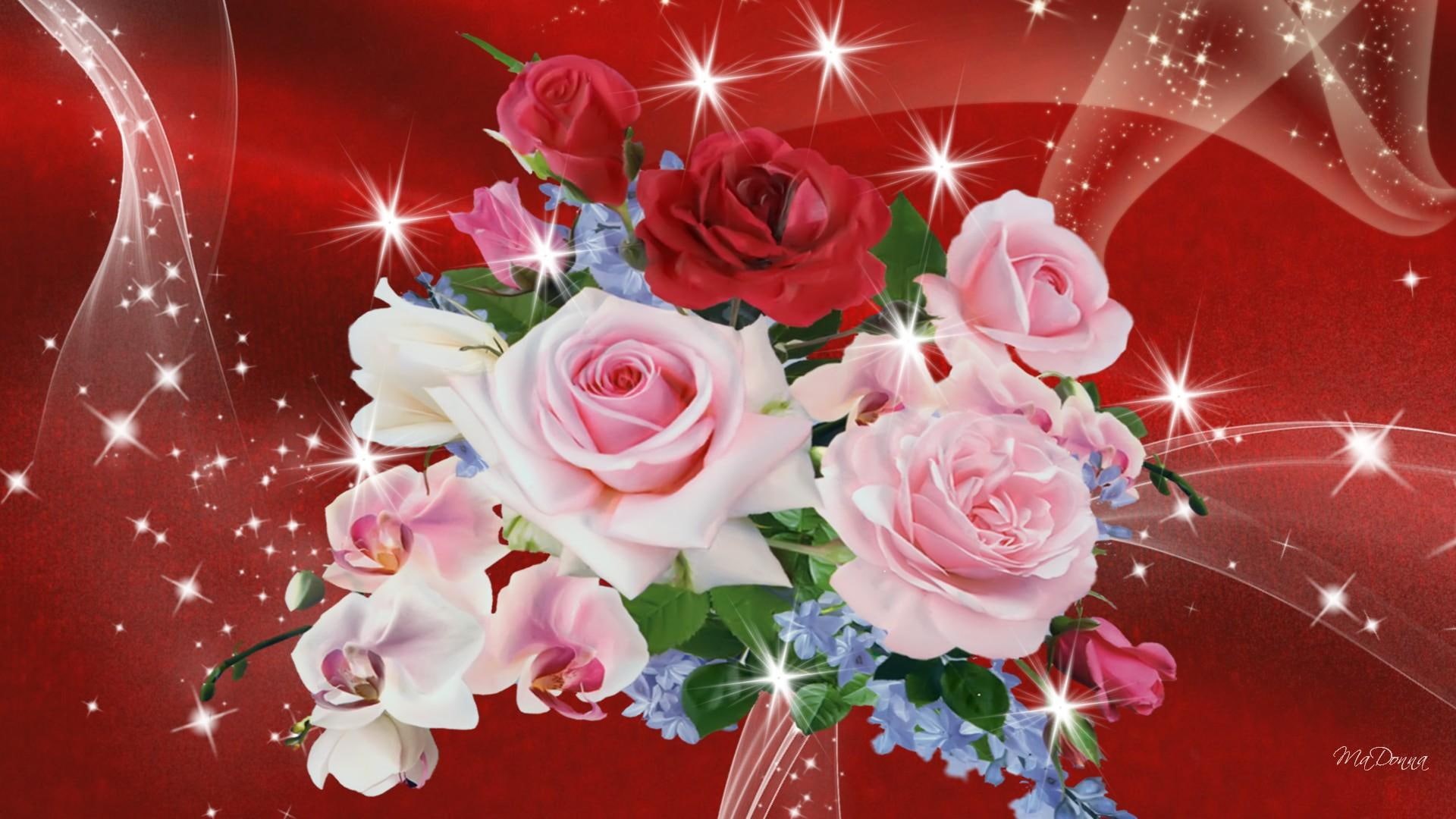 love, flowers, romantic, 1080P, shine, roses, 3d and, silk, valentines day, bouquet, red satin, valentines, stars, gift, sweet peas, HD Wallpaper
