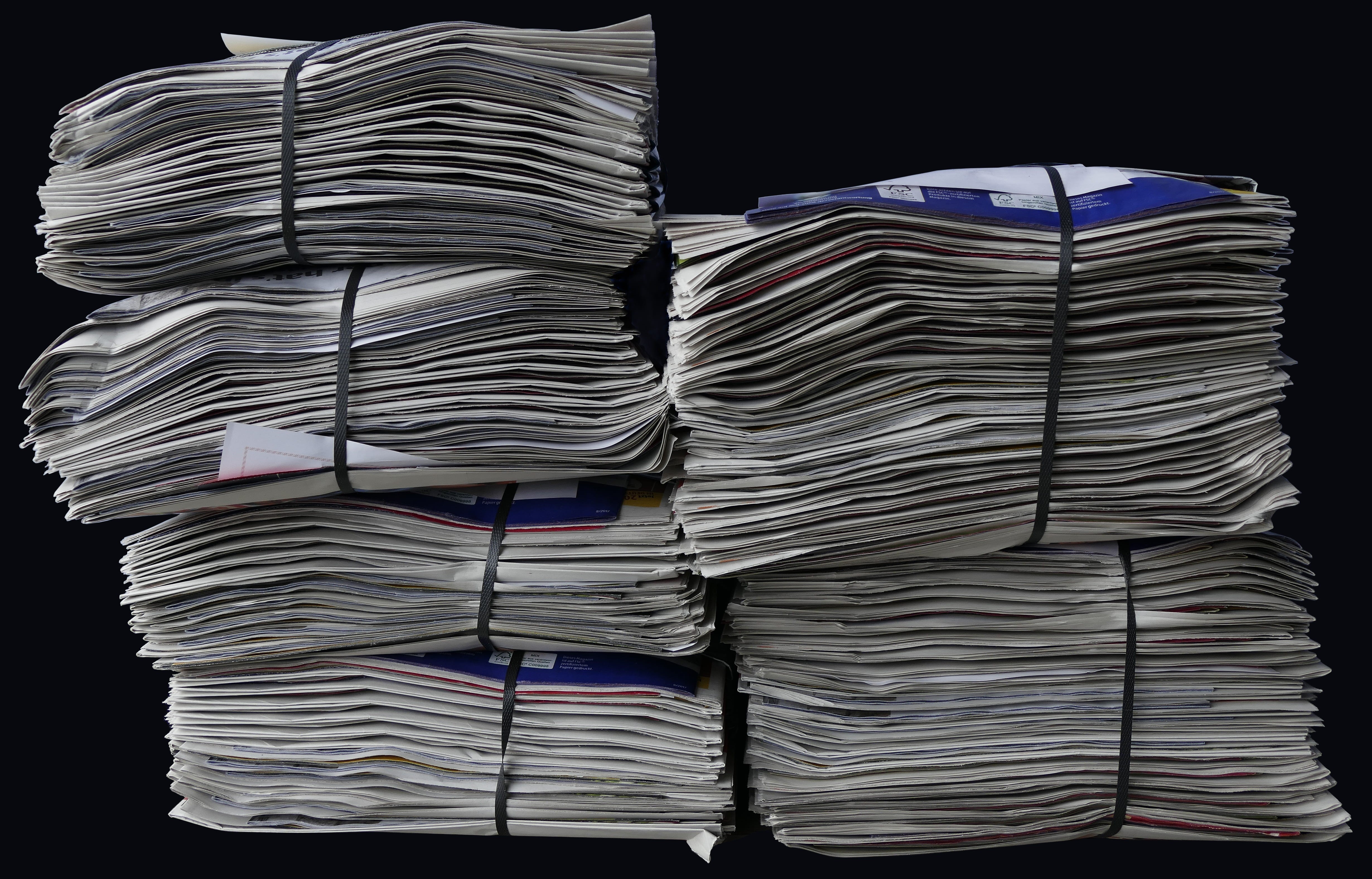 tied up, newspaper, 4K, black background, indoors, disposal, still life, close-up, recycling, communication, arrangement, paper, balance, six, the media, HD Wallpaper