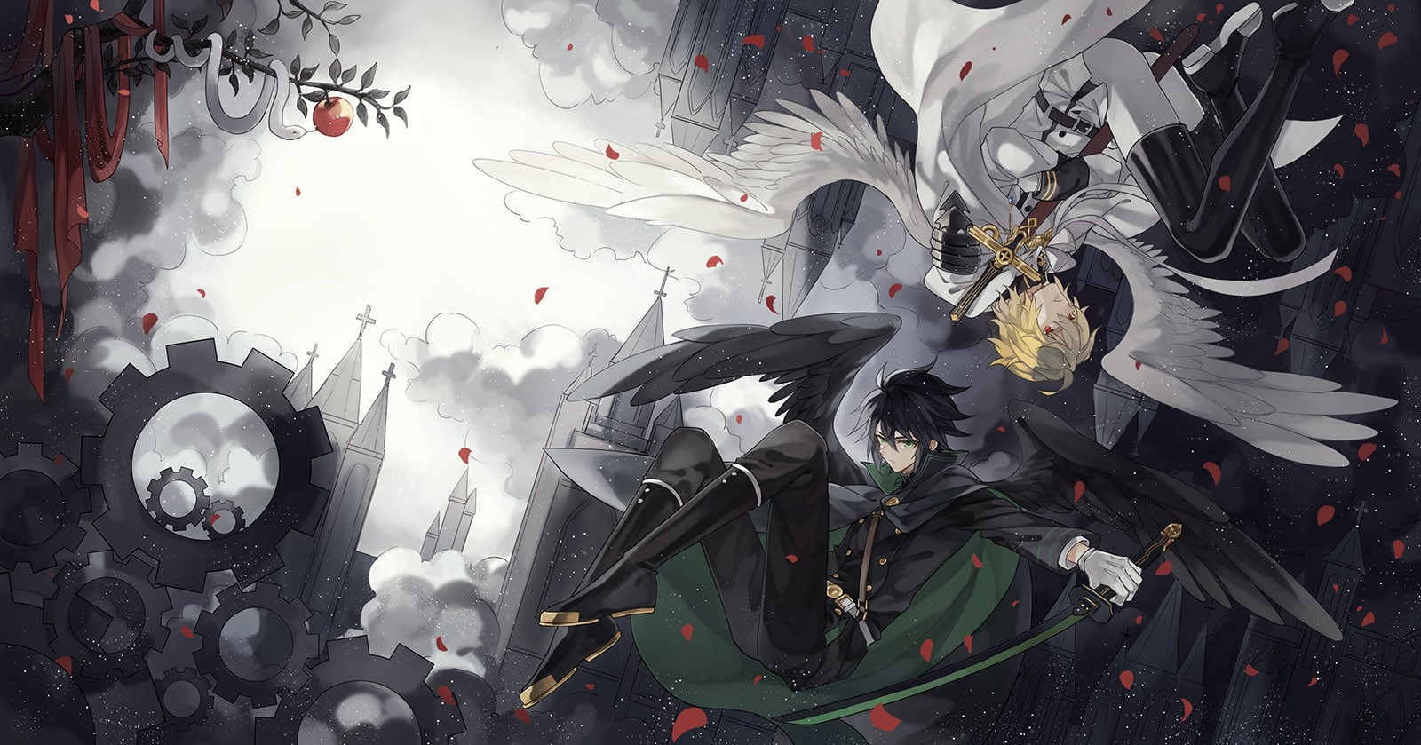 built structure, owari no seraph, 720P, city, confetti, mikaela hyakuya, beauty in nature, outdoors, streamer, street, celebration, Anime, event, plant, HD Wallpaper
