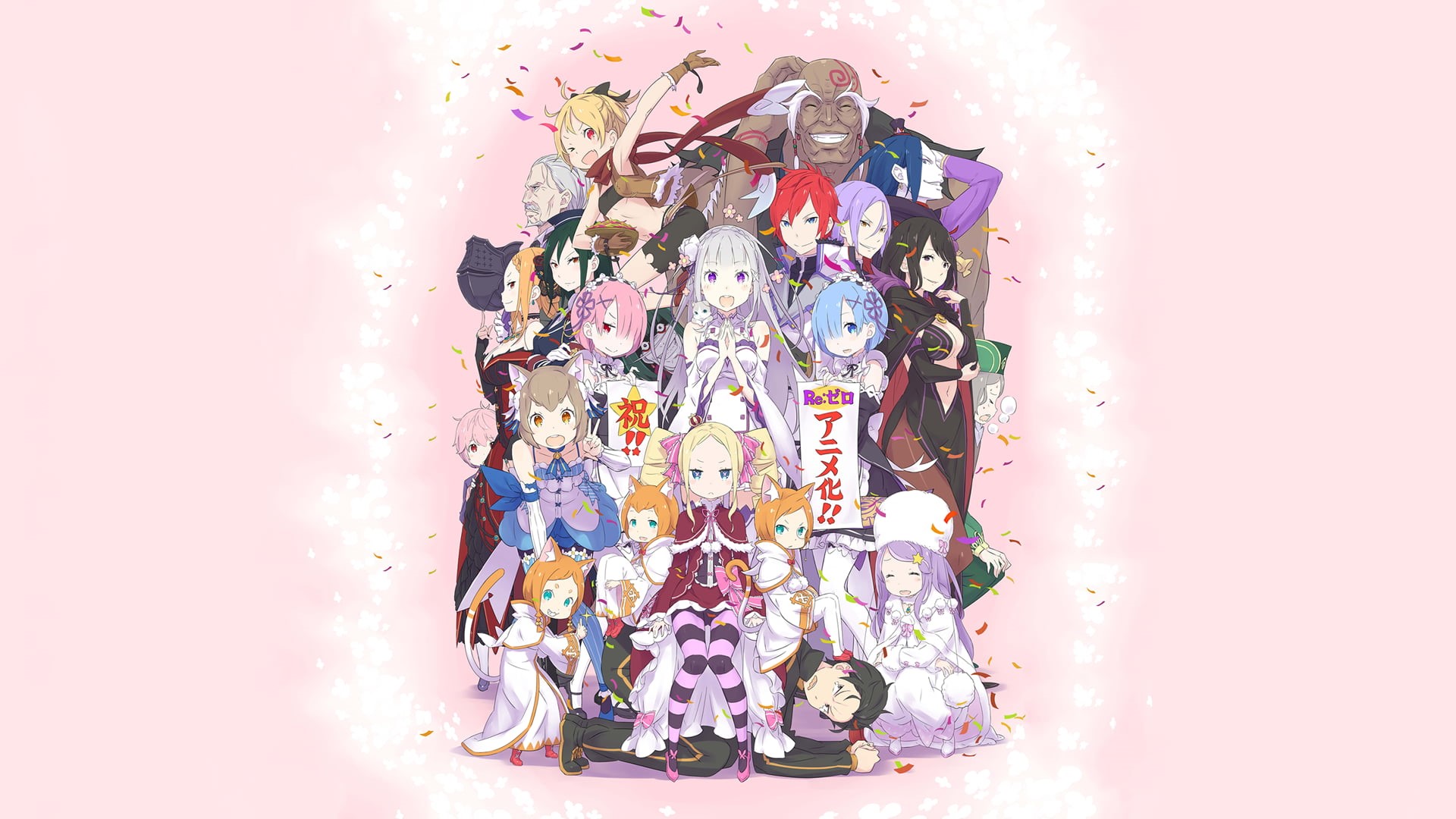 abundance, illustration, confetti, multi colored, white background, Emilia (Re: Zero), table, variation, anime girls, representation, haired, wall - building feature, HD Wallpaper