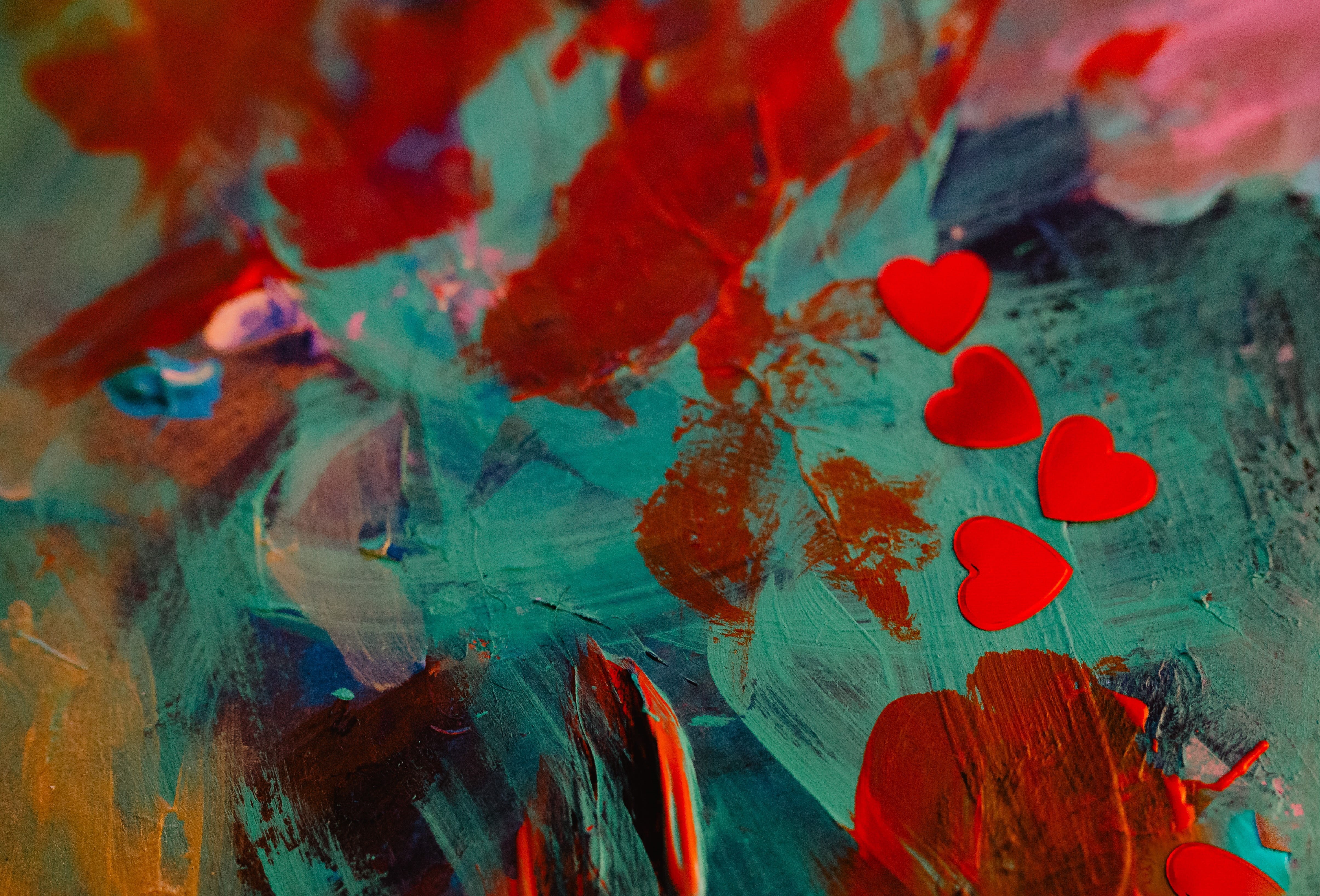 4K, red, acrylic painting, valentine, creativity, painted, craft, oil painting, heart, backgrounds, extreme close-up, confetti, textured, love, art and craft, HD Wallpaper