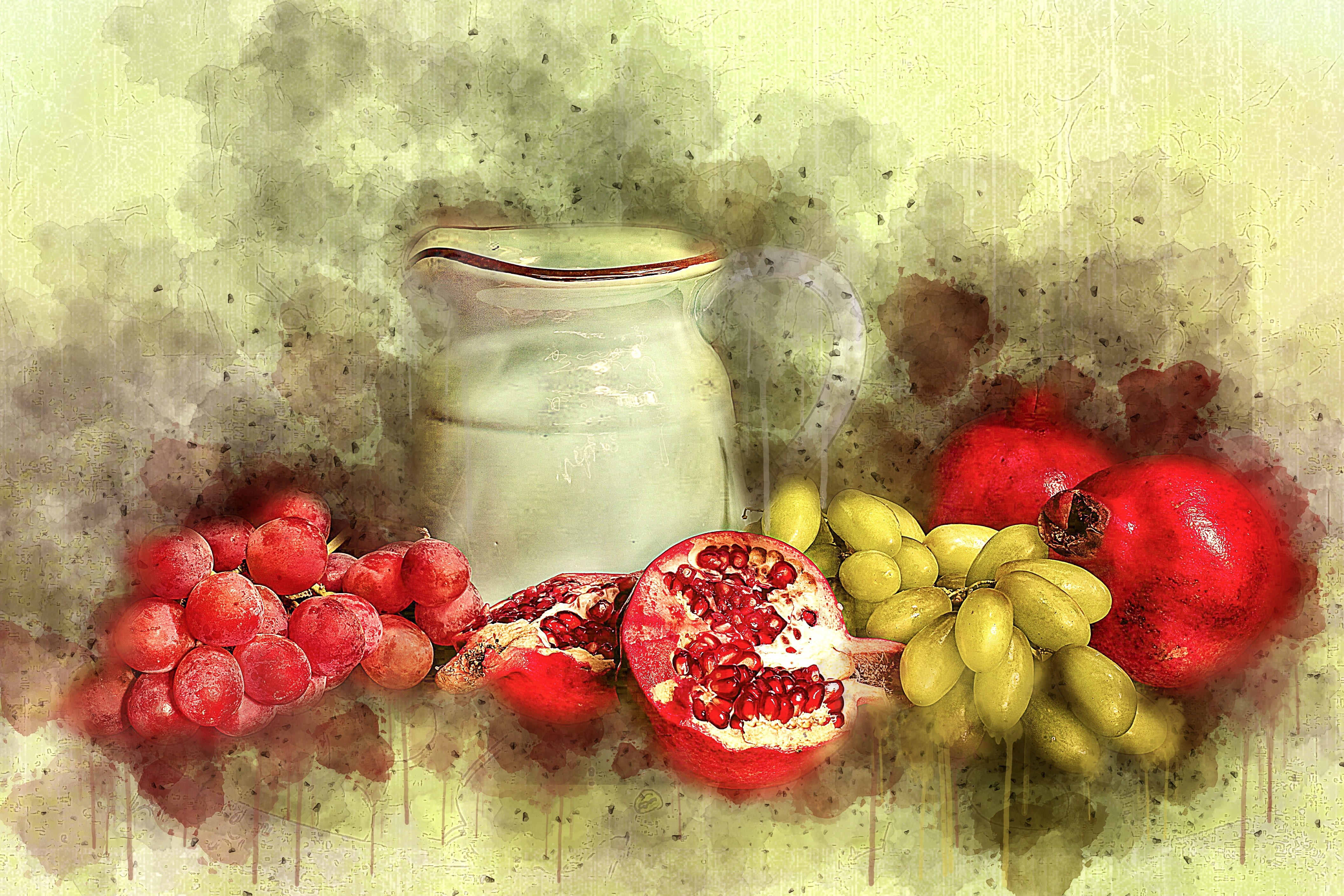 variation, fruits, clay jug, nature, container, transparent, fine art, fruit, photo art, indoors, milk, sweet, painting, still life, grapes, health, still-life, HD Wallpaper