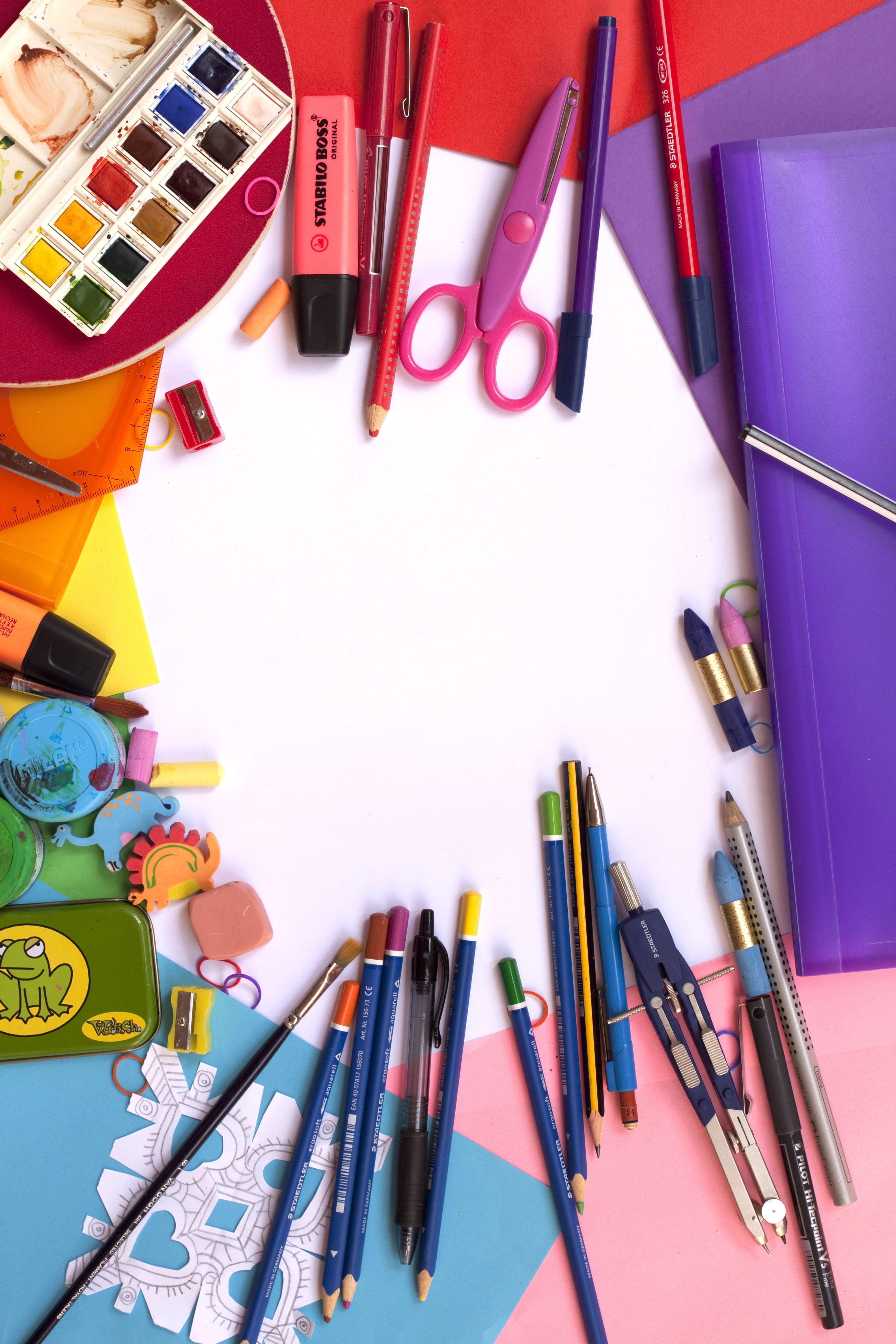 variation, indoors, large group of objects, directly above, composition, table, art and craft equipment, art, brush, watercolor paints, colours, no people, Phone HD Wallpaper