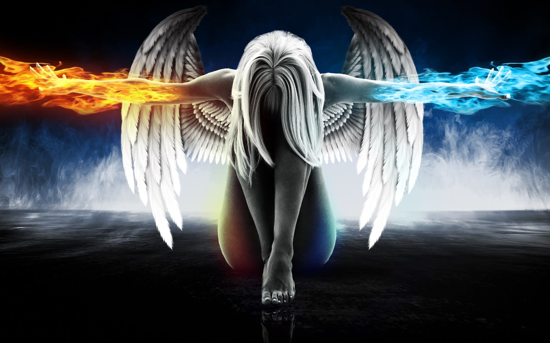 Fantasy, Fire, Wings, Angel, 1080P, Woman, Ice, HD Wallpaper