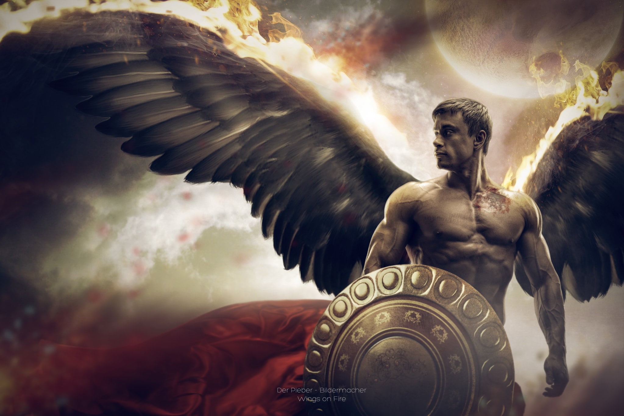 statue, black, creativity, brown, wings, human representation, 1080P, muscles, wooden, representation, low angle view, art and craft, indoors, female likeness, HD Wallpaper