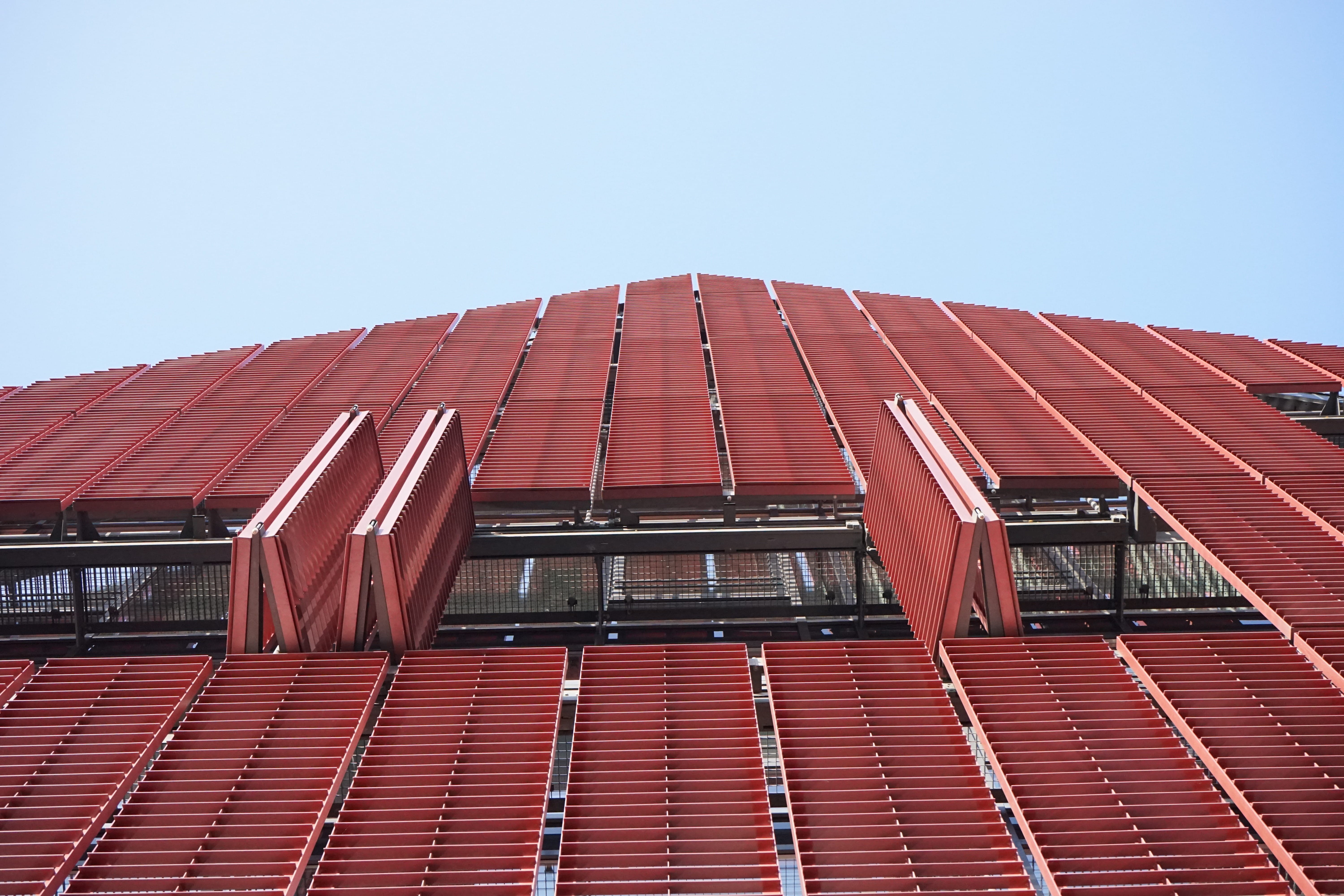 solar panel, low angle view, roof tile, home, new ulm city centre, finance, blue, clear sky, outdoors, red, ulm, business, Home, Facade, building, building exterior, HD Wallpaper