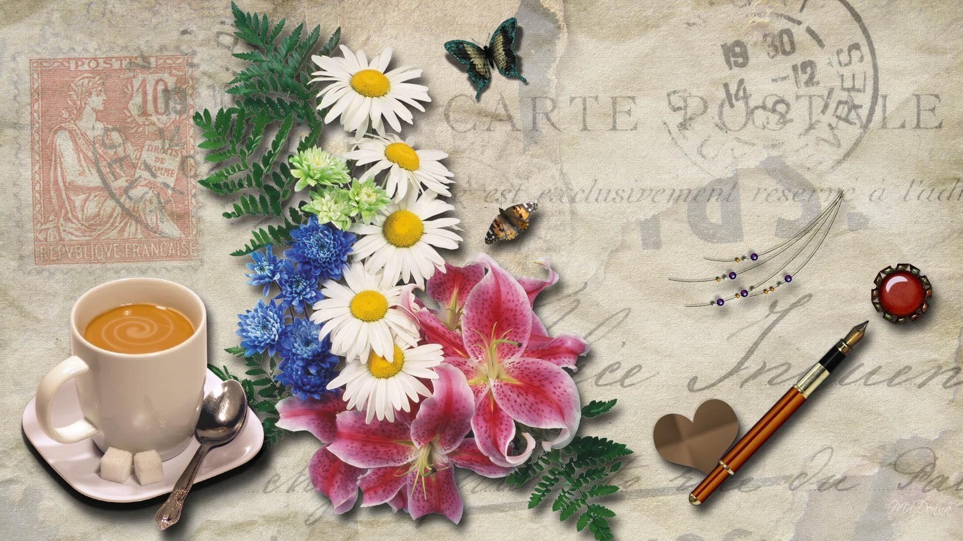 butterfly, vintage, 3d and abstract, flowers, summer, 1080P, heart, postmark, cappucino, floral, firefox persona, coffee, HD Wallpaper