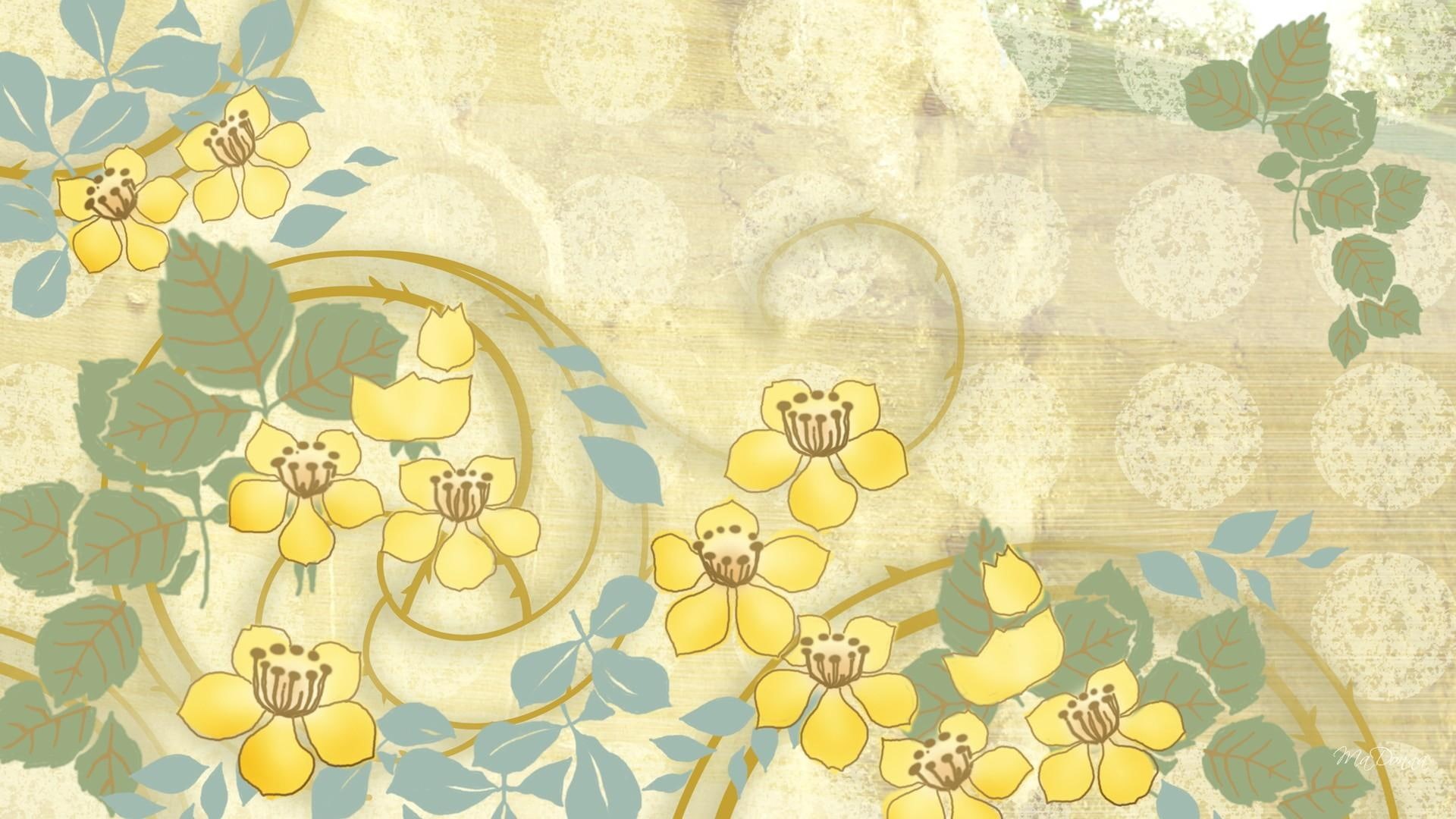 yellow, mystery, brown, yeloow, textile, floral, firefox persona, spring, flowers, 3d and abstract, grey, 1080P, summer, HD Wallpaper