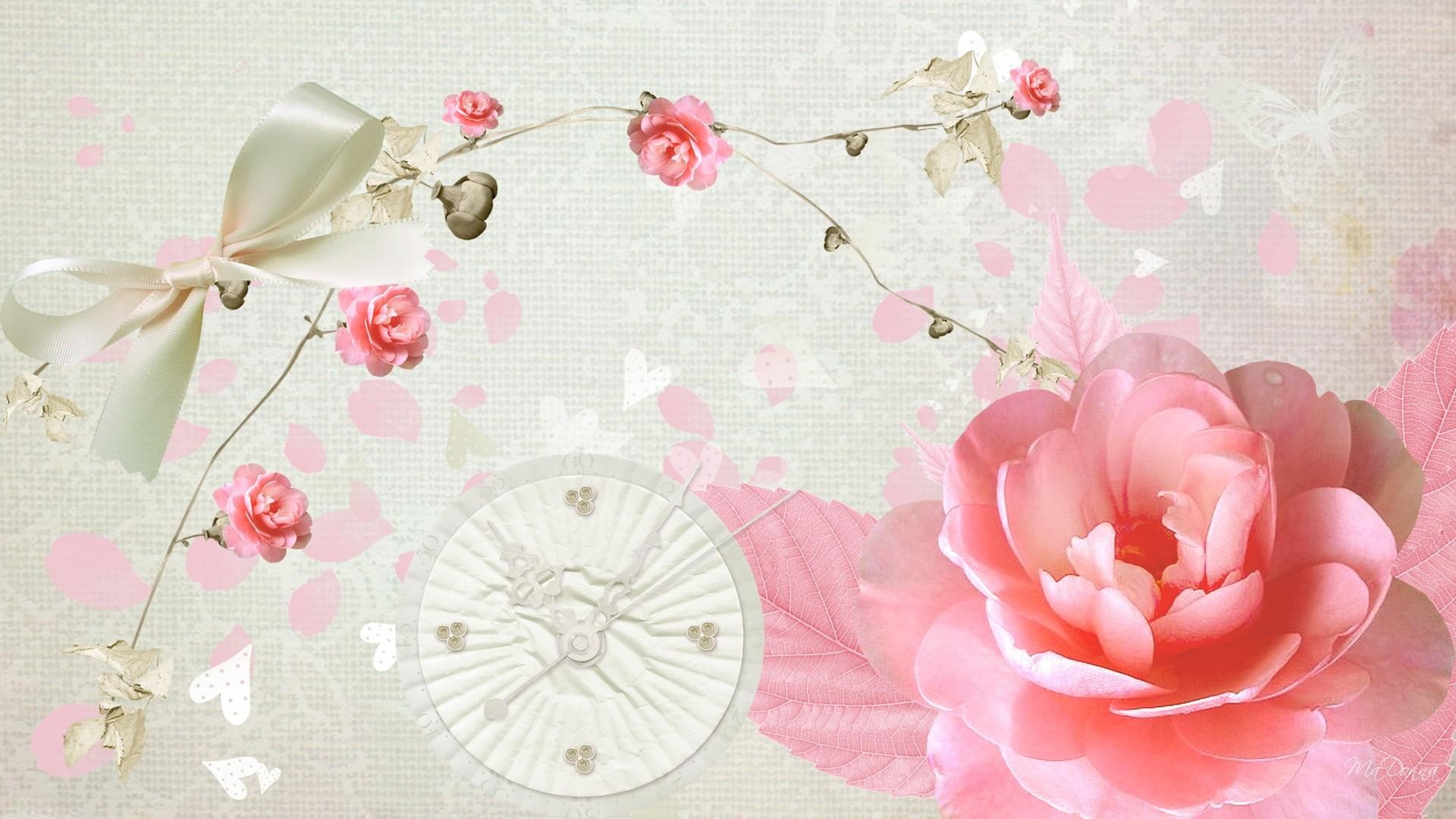 summer, clock, time, pink, roses, petals, flowers, 3d and abstract, rose, firefox persona, 1080P, HD Wallpaper