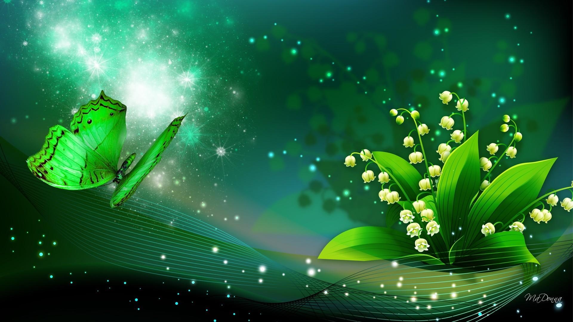 3d and abstract, flowers, stars, glow spots, 1080P, shine, valley, sparkle, butterfly, lily, green, lily of the valley, HD Wallpaper