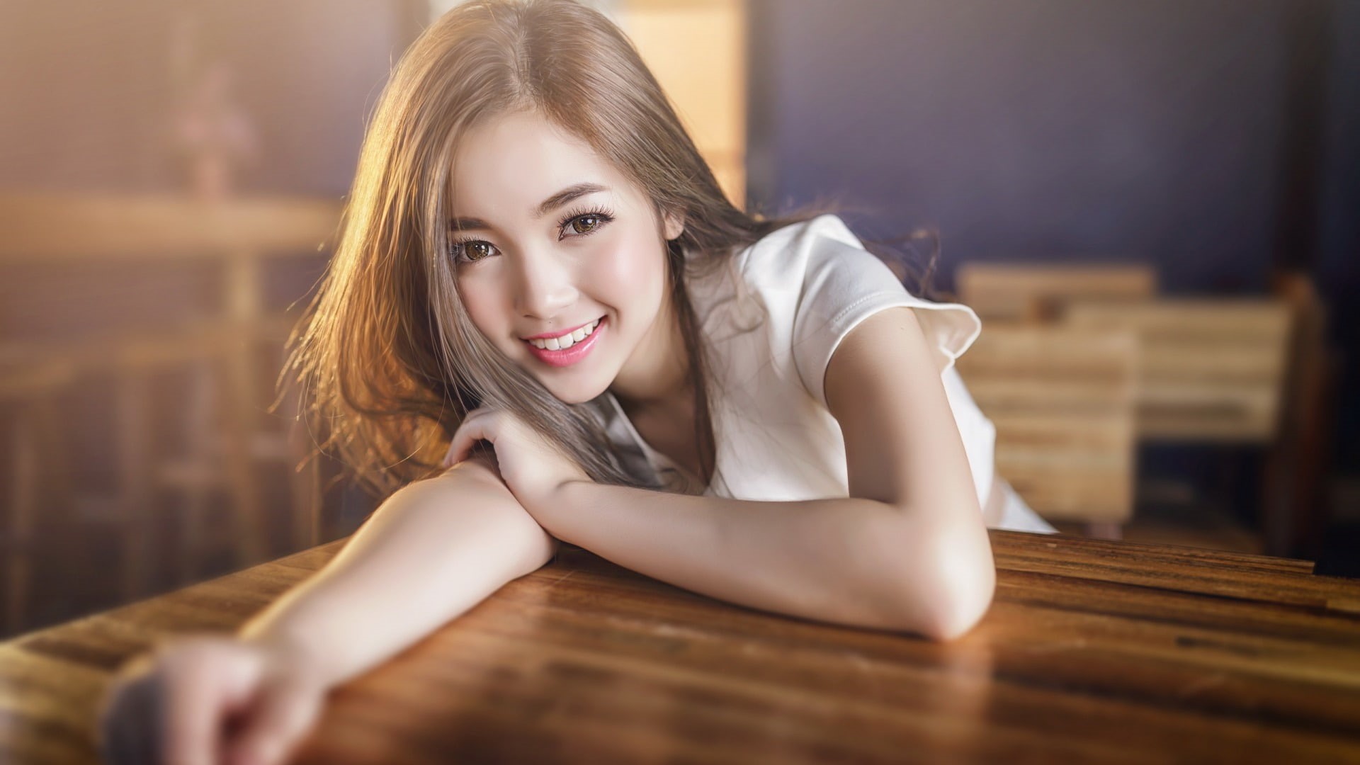 brunette, Asian, long hair, 1080P, pink lipstick, long eyelashes, model, photography, sitting, women, T-shirt, HD Wallpaper