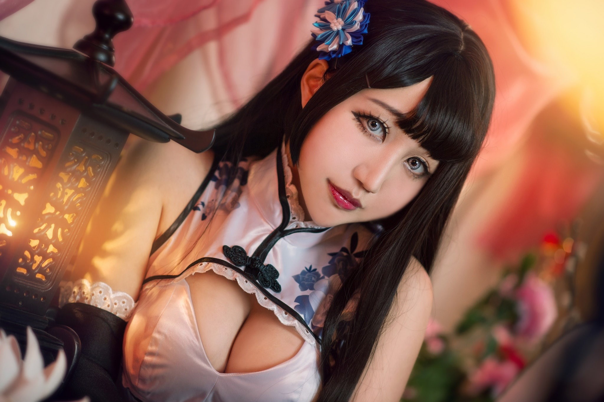 cosplay, style, eyelashes, face, cutie, portrait, light, hairstyle, background, makeup, chest, lantern, bangs, costume, Asian, image, innovologie, look, HD Wallpaper
