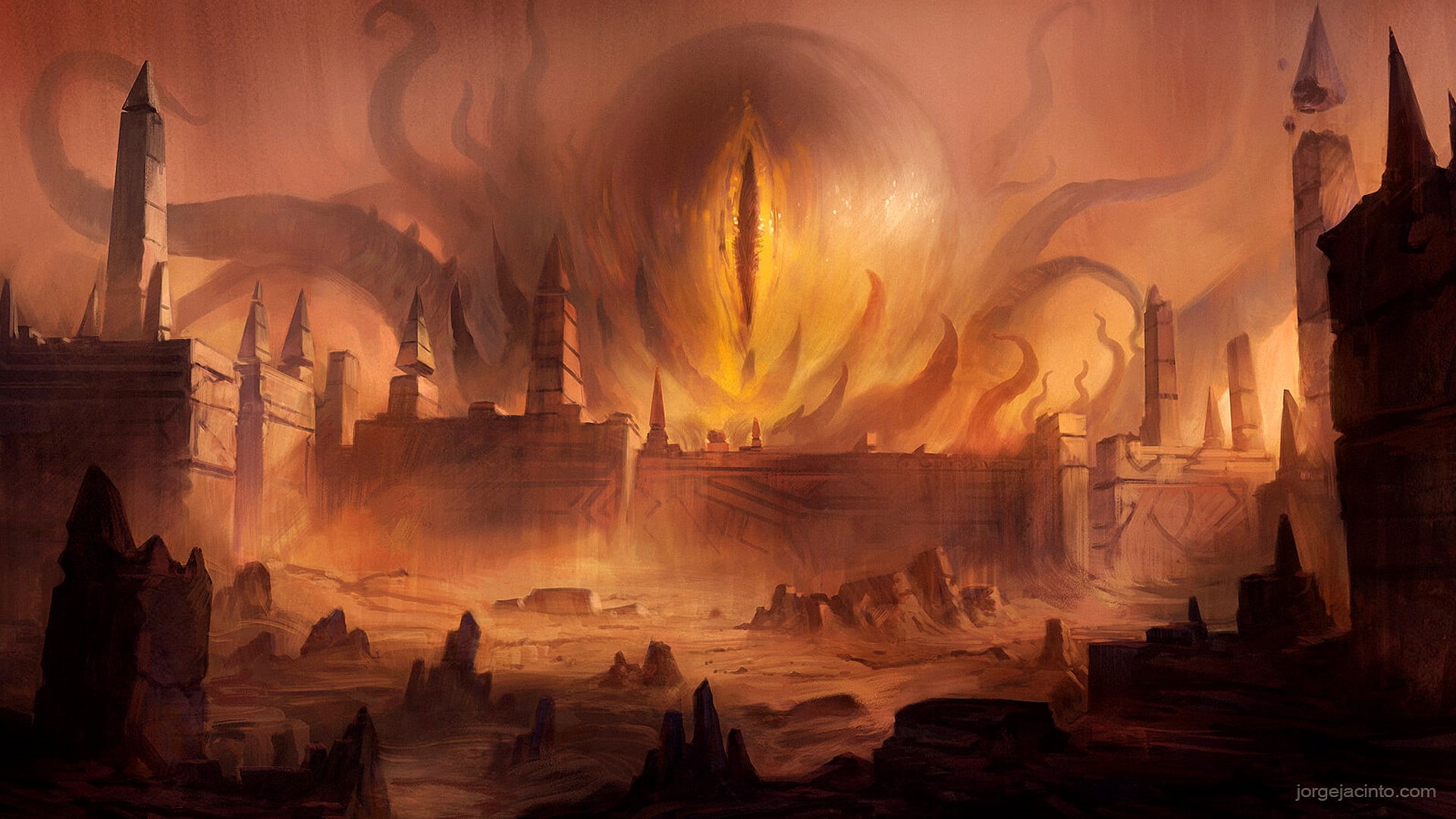 Warcraft, God, eyeball, video game characters, giant, CThun, creature, Fantasy Architecture, ruins, Hearthstone, 1080P, fantasy art, tentacles, Jorge Jacinto, HD Wallpaper