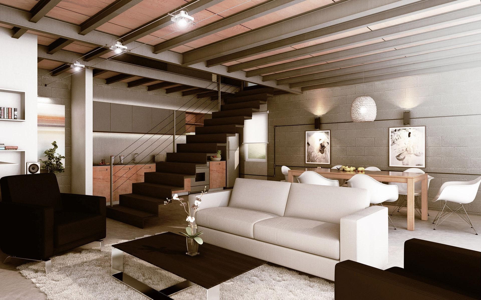 sofa, couch, stair, table, brown, room, black, photography, white, leather, 1080P, chair, interior design, 1920x1200, chairs, seat, HD Wallpaper