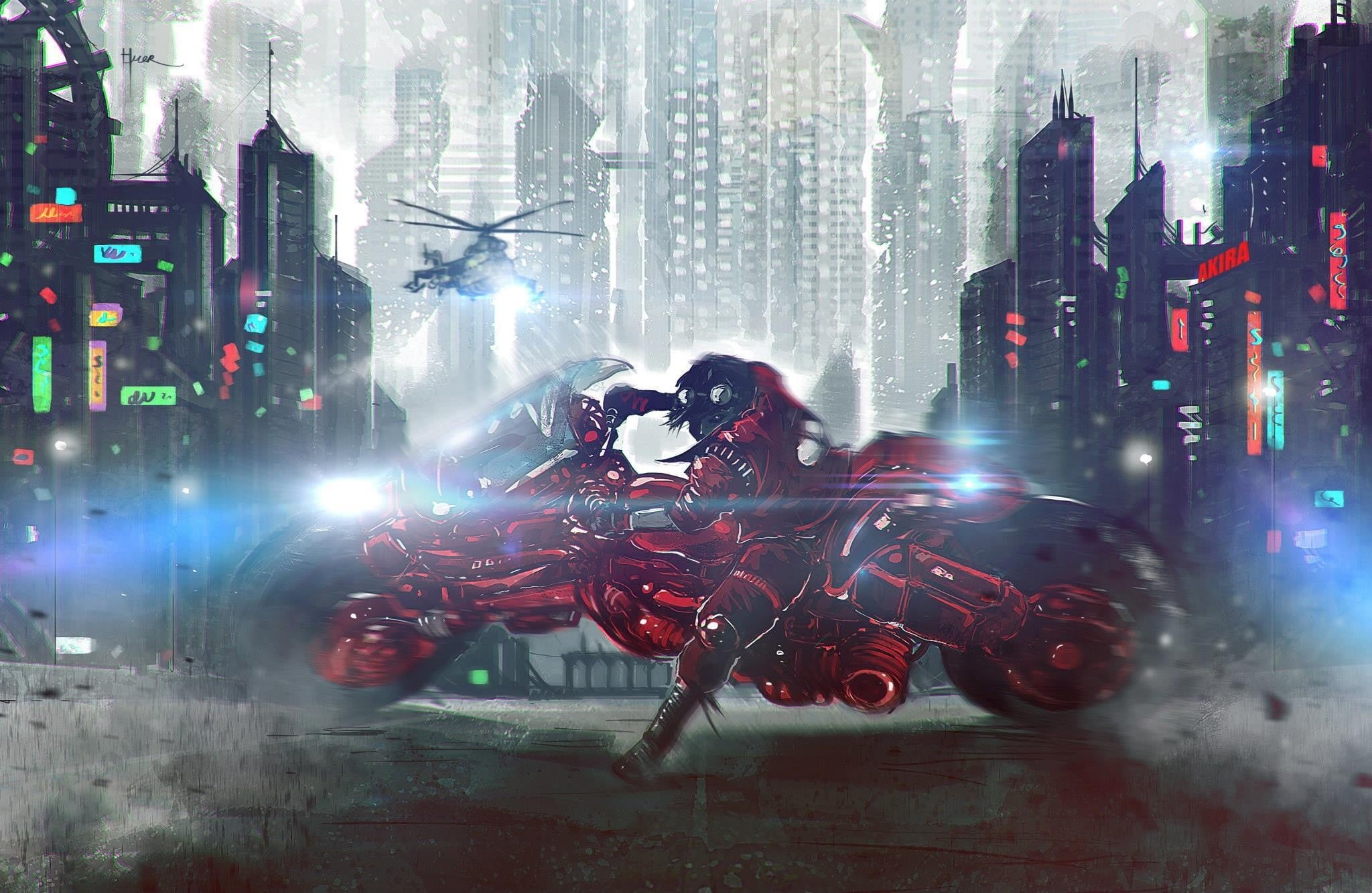 digital art, motion, digital composite, office building exterior, city, land vehicle, building exterior, outdoors, kaneda, sport, cyberpunk, transportation, HD Wallpaper