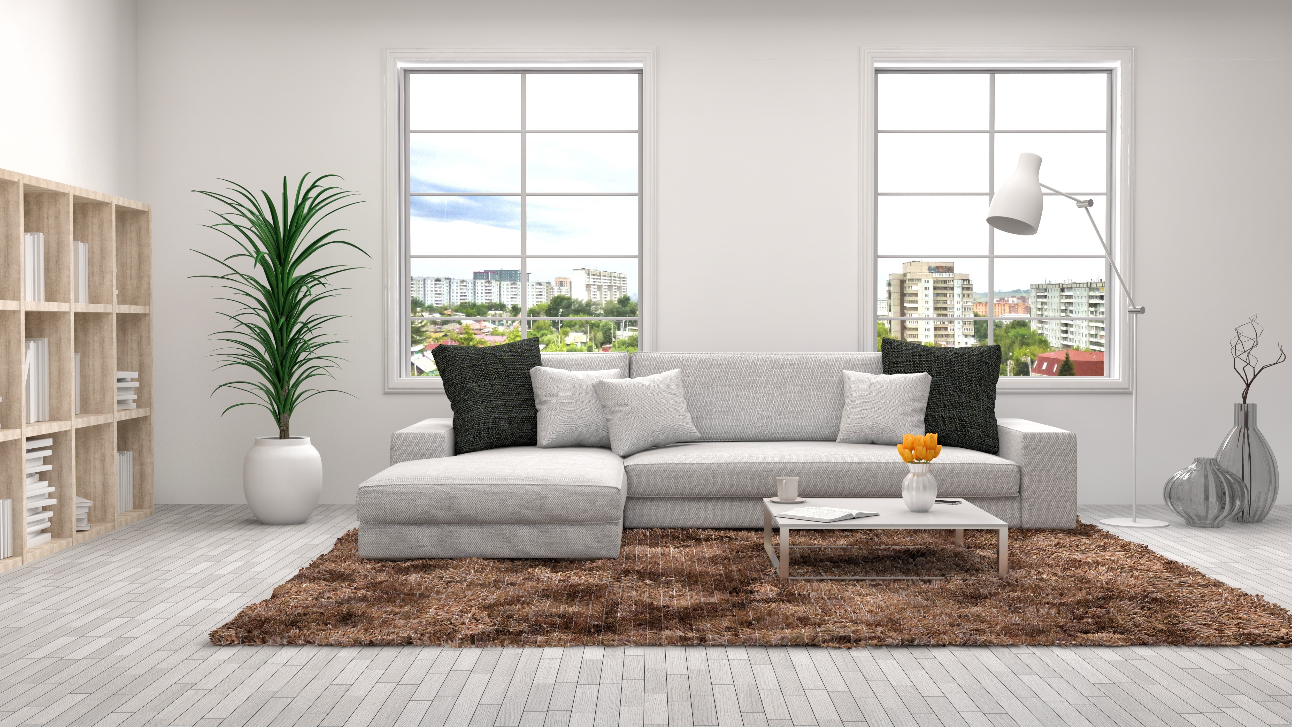 racks, furniture, interior, sofa, pillow, 4K, decor, Windows, living room, design, HD Wallpaper