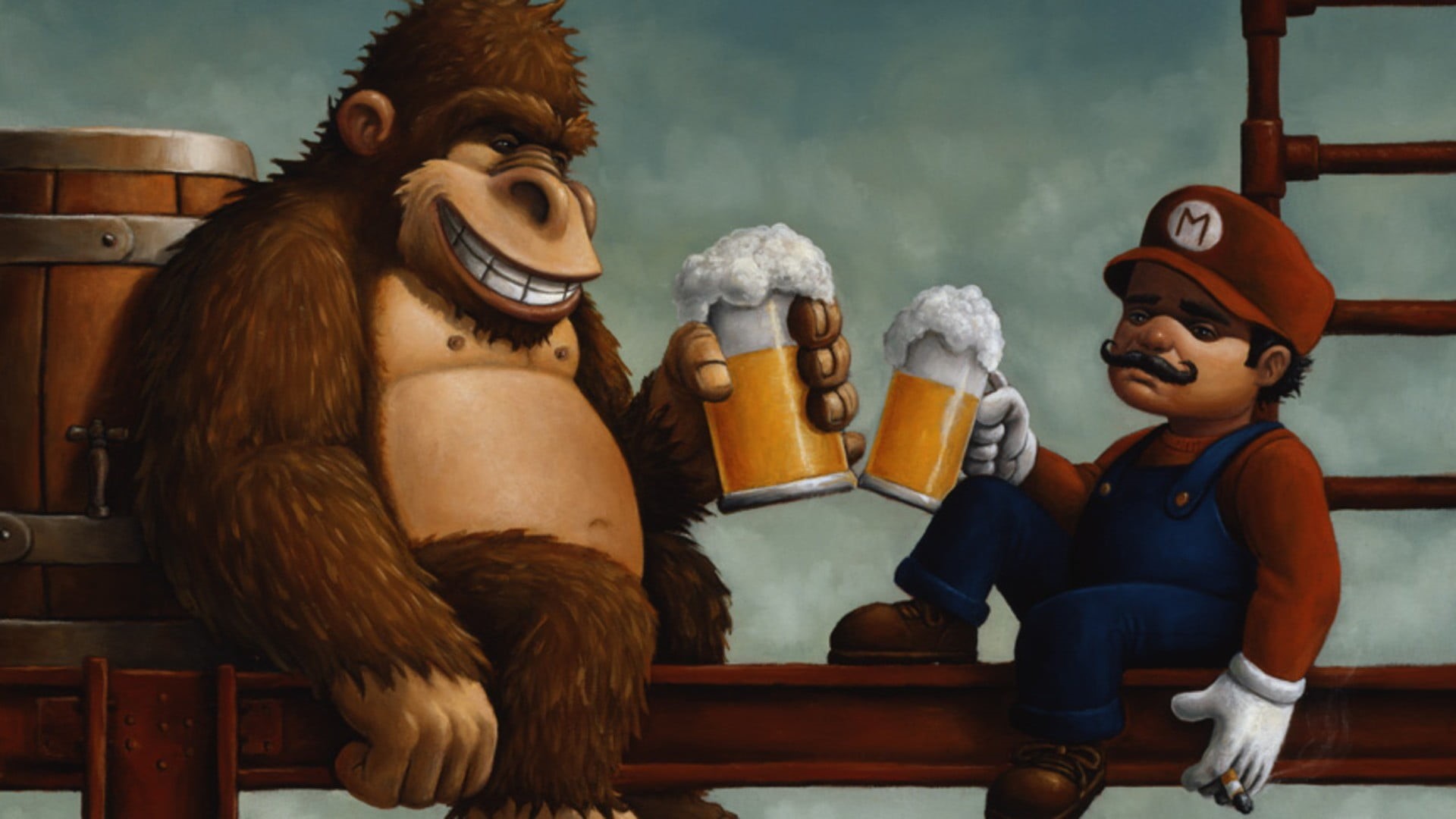 male likeness, sculpture, representation, Super Mario, art and craft, donkey, indoors, day, table, mario, kong, humor, statue, beer, seat, wood - material, HD Wallpaper