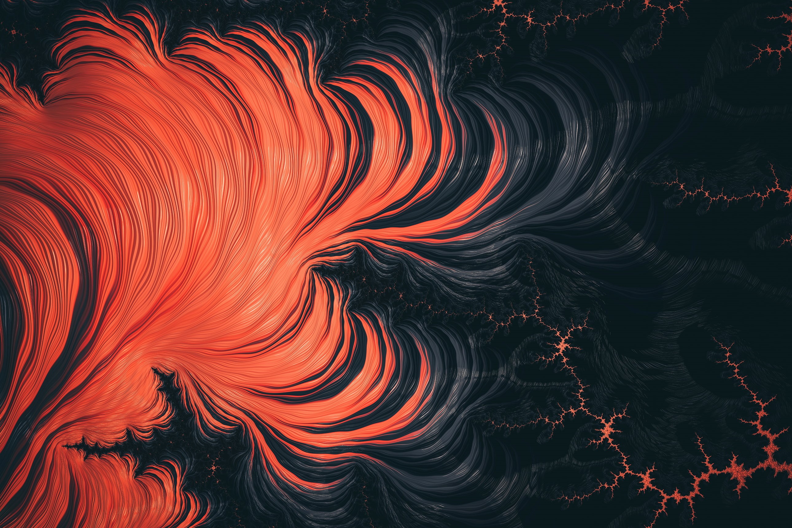 Hyperventilation, Dark, Fractal art, Complex, Orange, 2K, HD Wallpaper