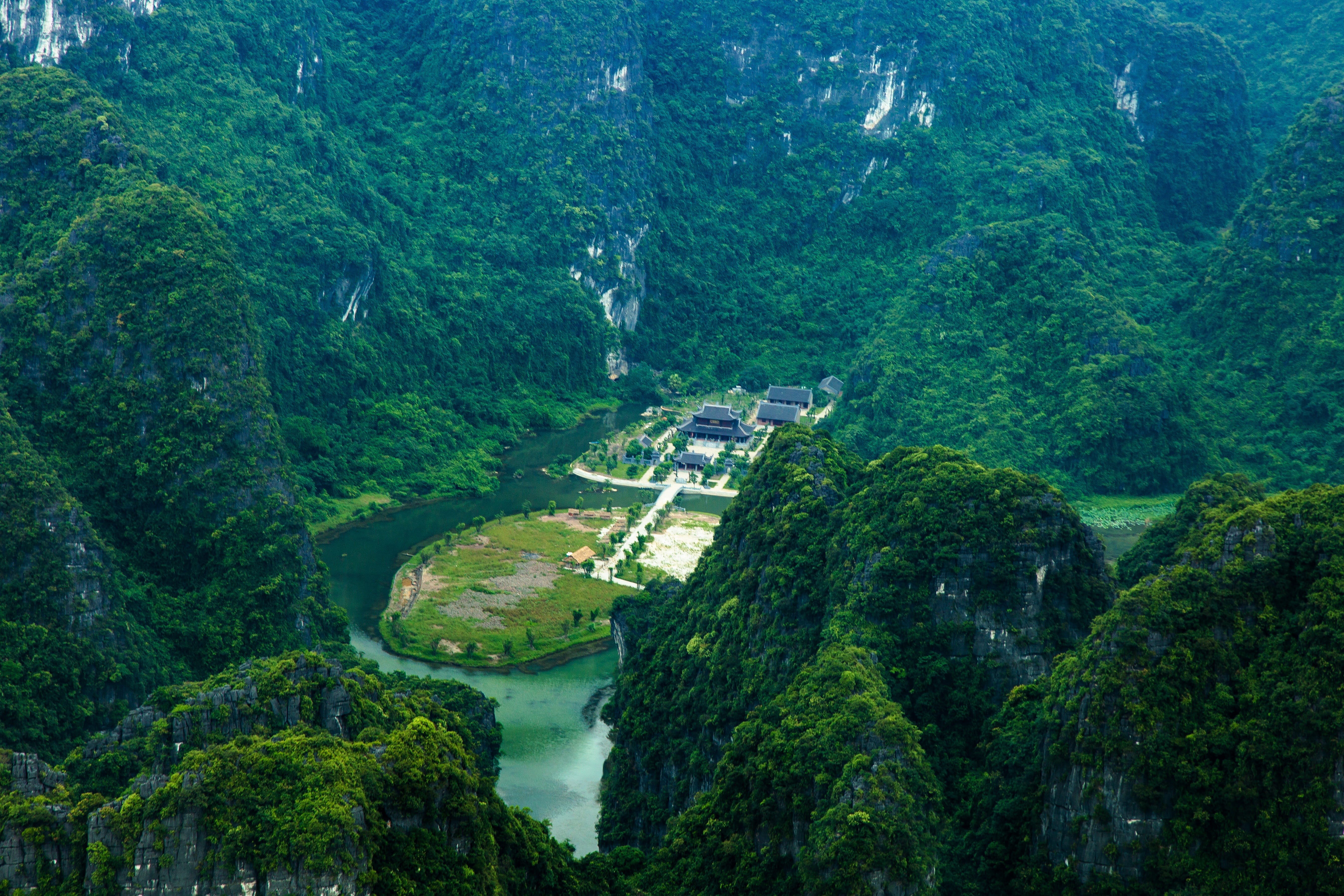 landscape complex, ninh binh province, water, transportation, mountain, beauty in nature, growth, trang an, tree, scenics - nature, 5K, plant, built structure, HD Wallpaper