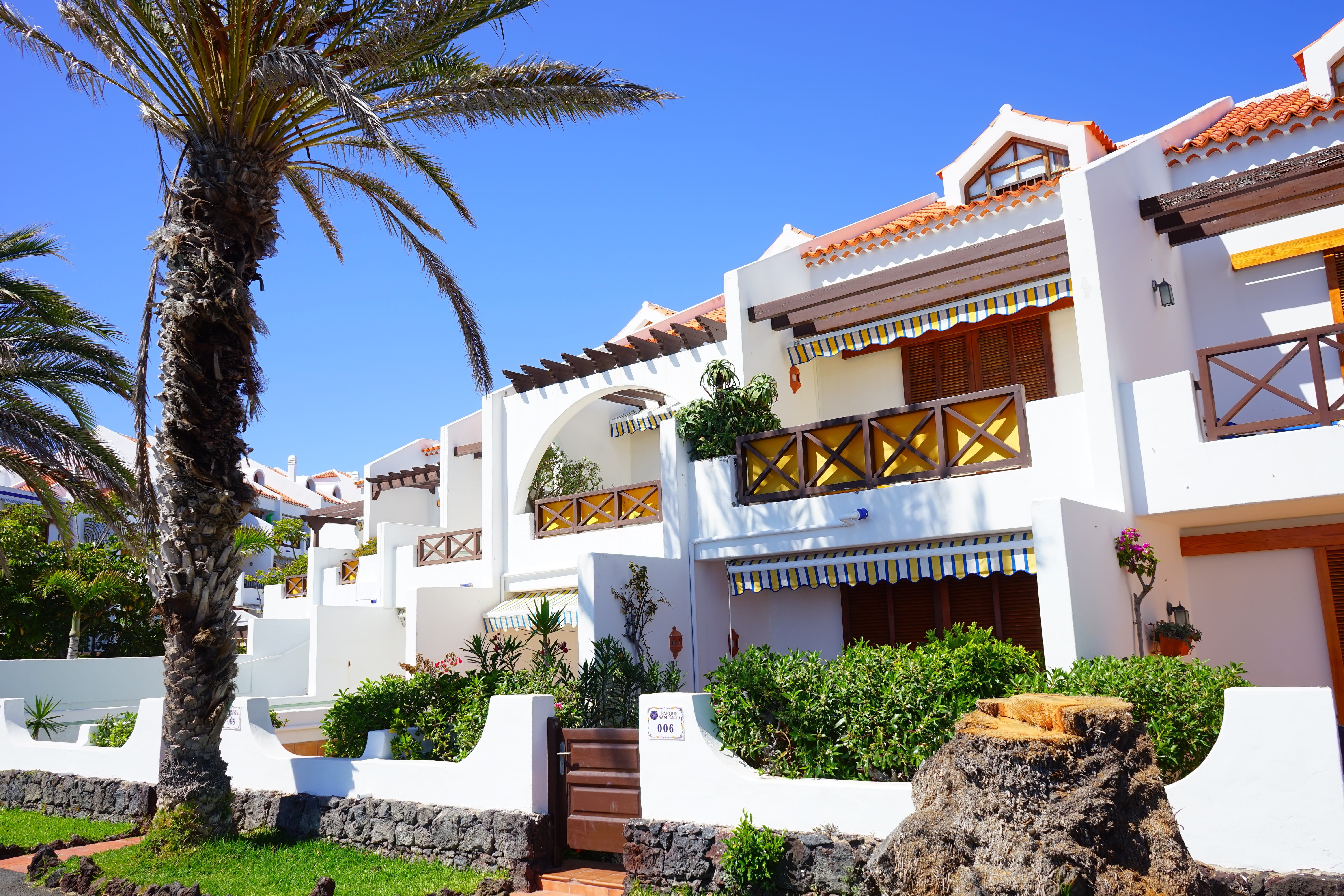 coastal village, no people, parque santiago, outdoors, leaf, holiday destination, tropical climate, sea view, building, palm, green, white, house, day, HD Wallpaper