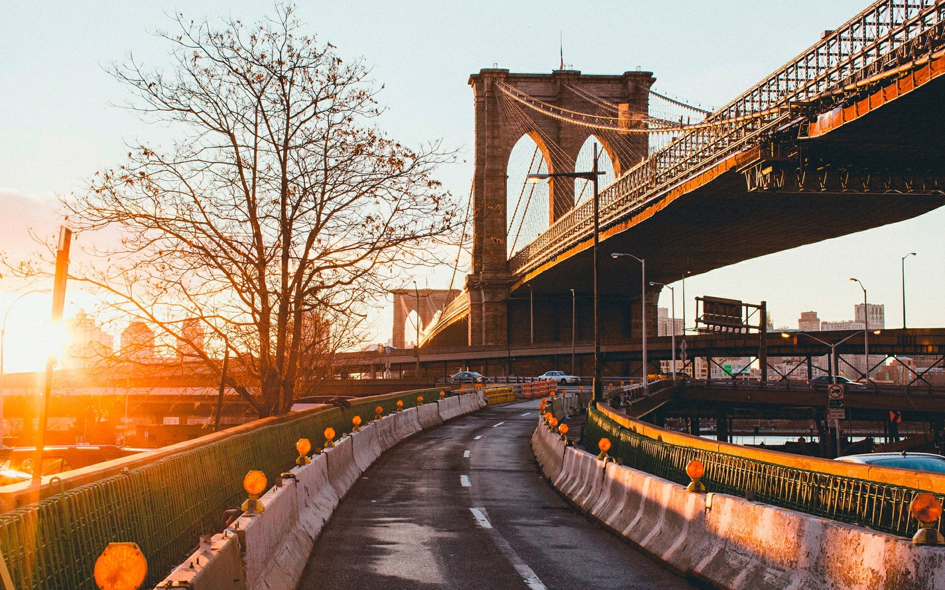 bare tree, Brooklyn Bridge, nature, built structure, building exterior, city, asphalt, trees, direction, 1080P, travel destinations, no people, bridge, HD Wallpaper