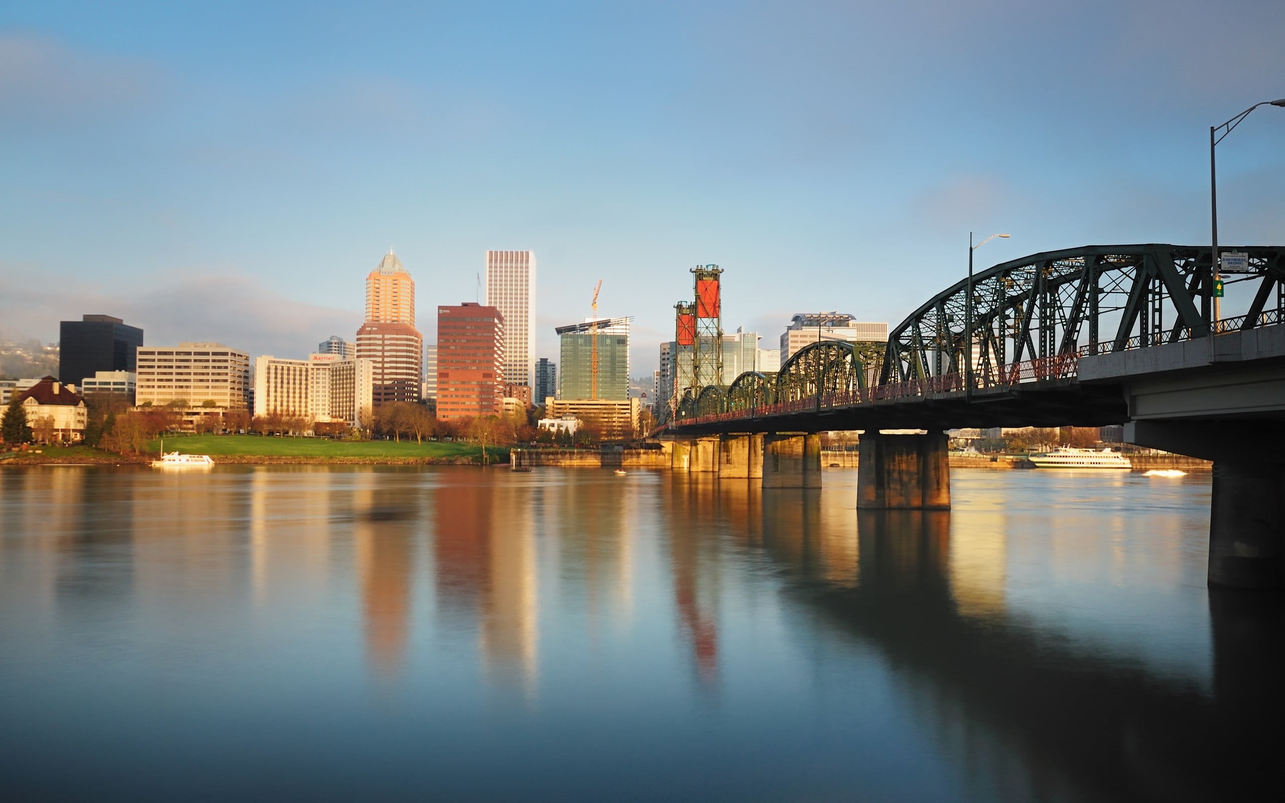 city, bridge, river, skyscraper, no people, transportation, building exterior, built structure, sky, office building exterior, water, waterfront, landscape, HD Wallpaper