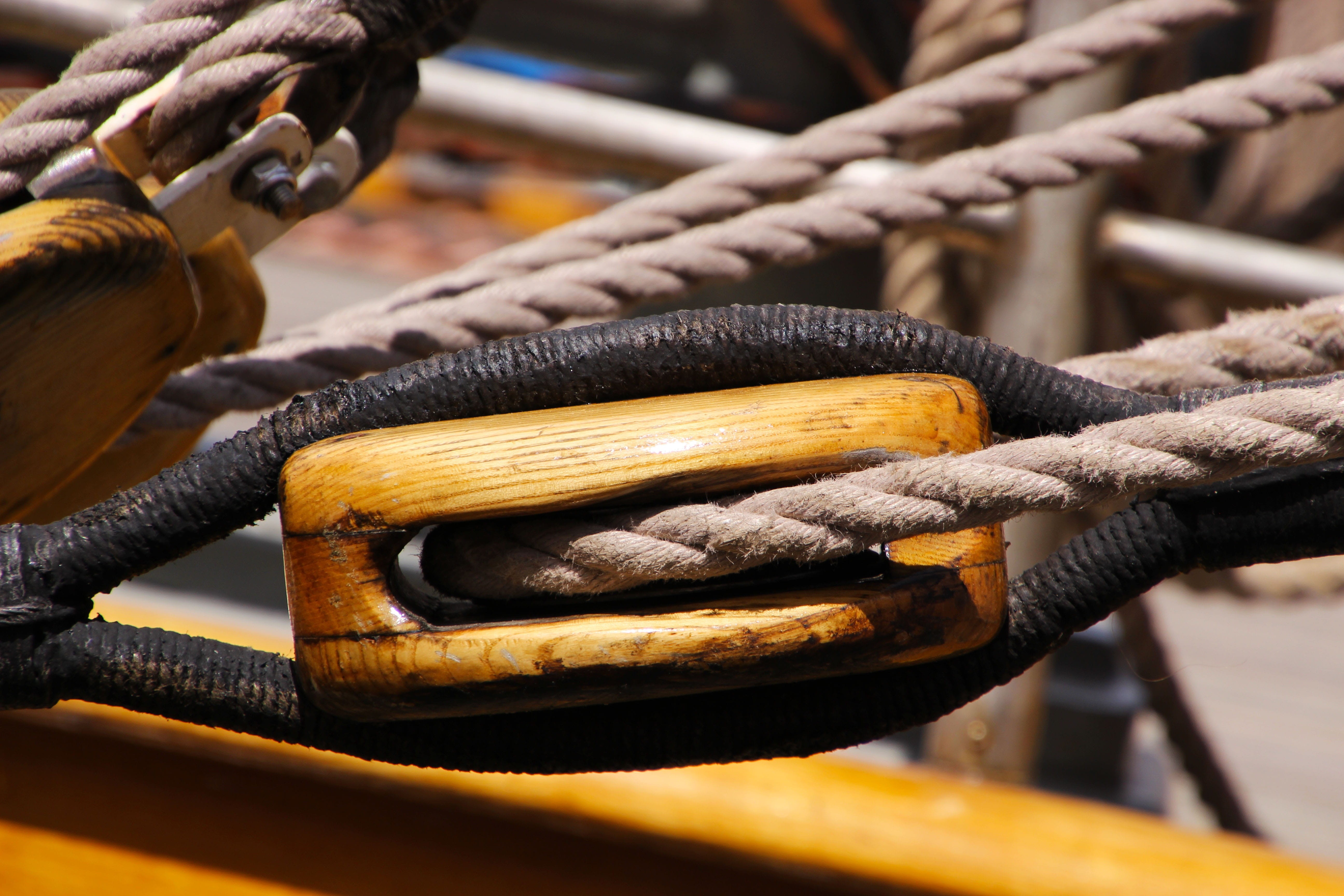 cable, sailing, Block, strength, tool, metal, rigging, tackle, wood, wood - material, pulley block, hoist, yacht, indoors, brown, outdoors, high angle view, HD Wallpaper