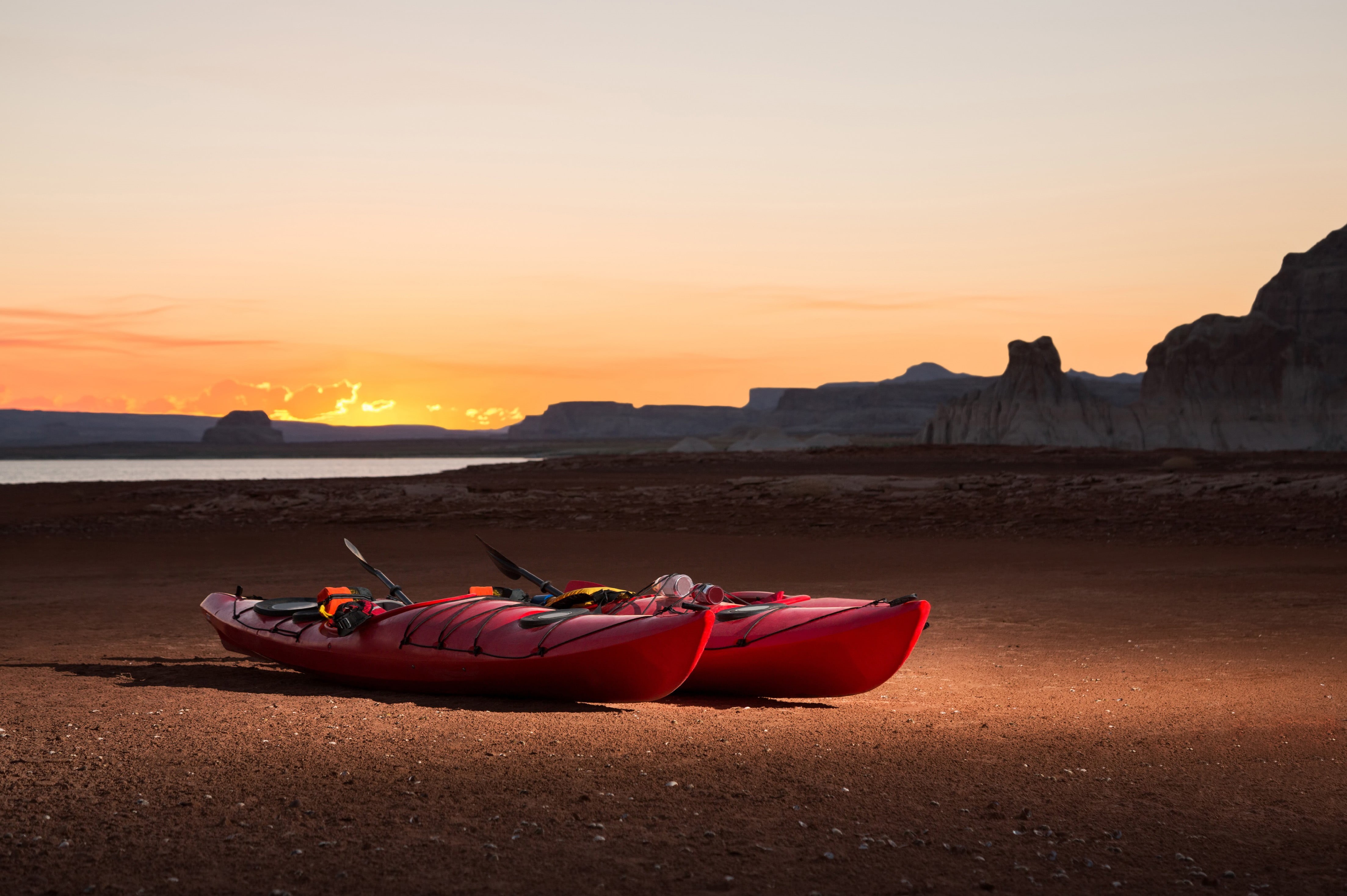 scenics - nature, 4K, red, outdoors, black, non-urban scene, rack, rock formation, car, nautical vessel, tranquil scene, land, sky, orange color, canoes, HD Wallpaper