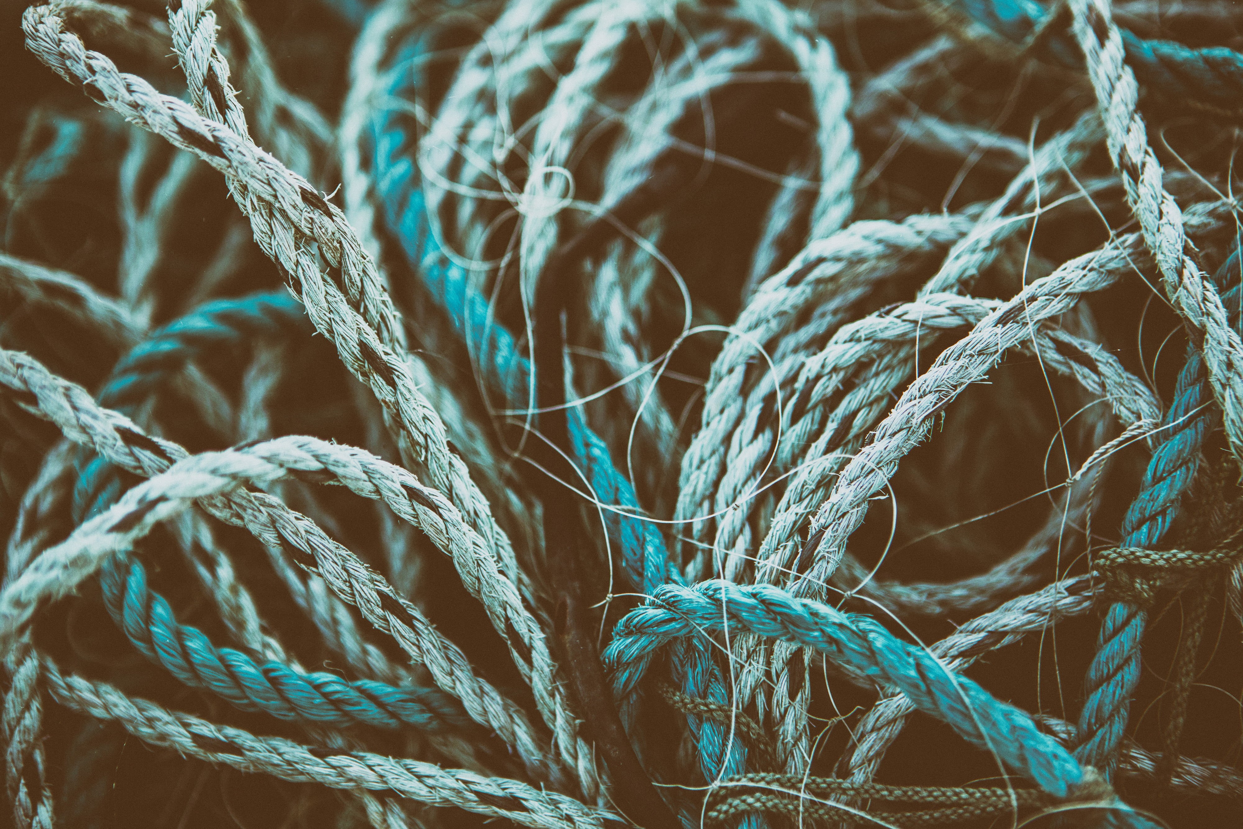 complexity, equipment, thread, surface, fishing industry, fiber, pattern, nautical Vessel, close-up, blue, strength, day, rope, ropes, tied Knot, tangled, HD Wallpaper