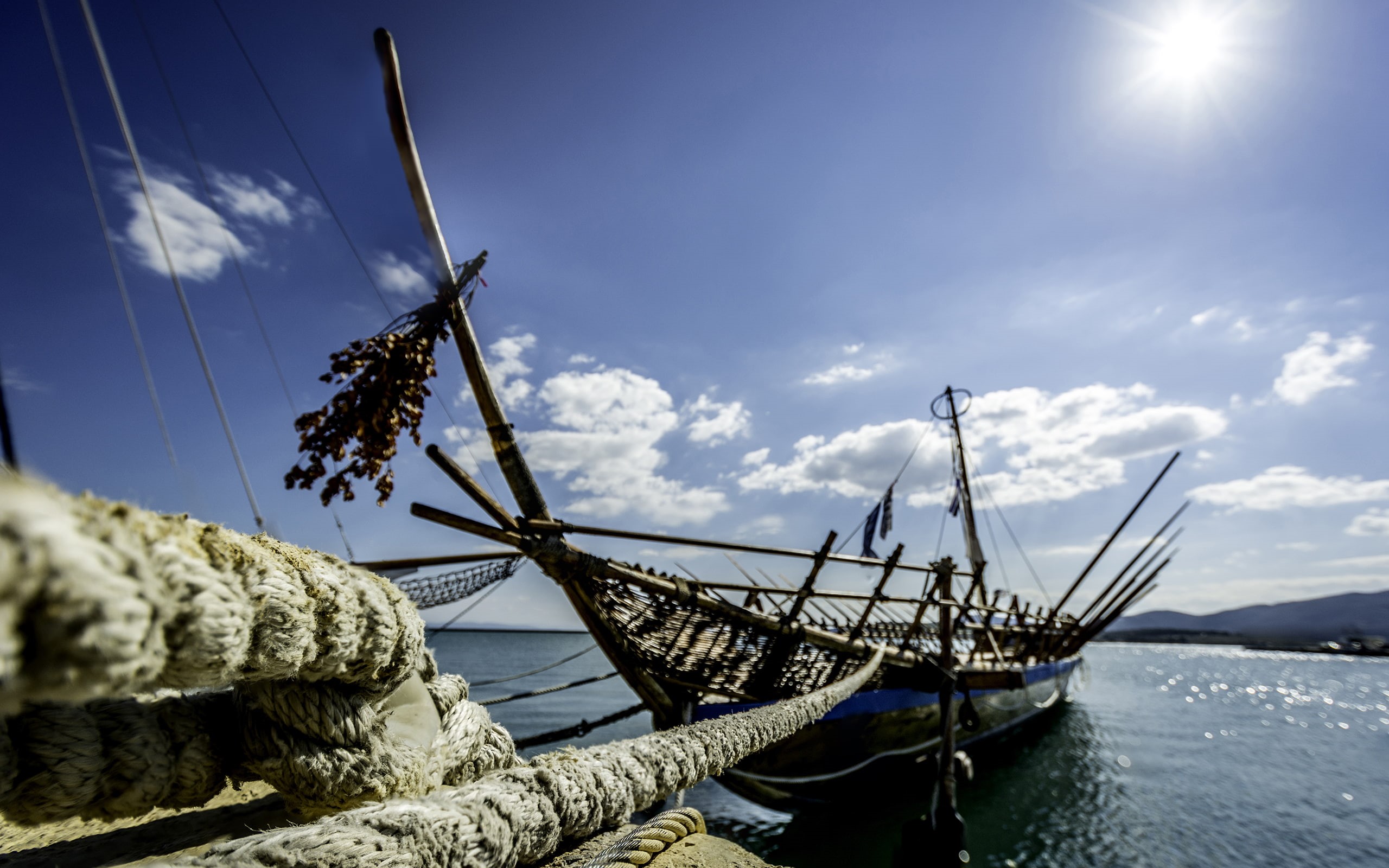 macro, 2K, rope, wooden, nature, ocean, boat, hd, brown, sunlight, HD Wallpaper
