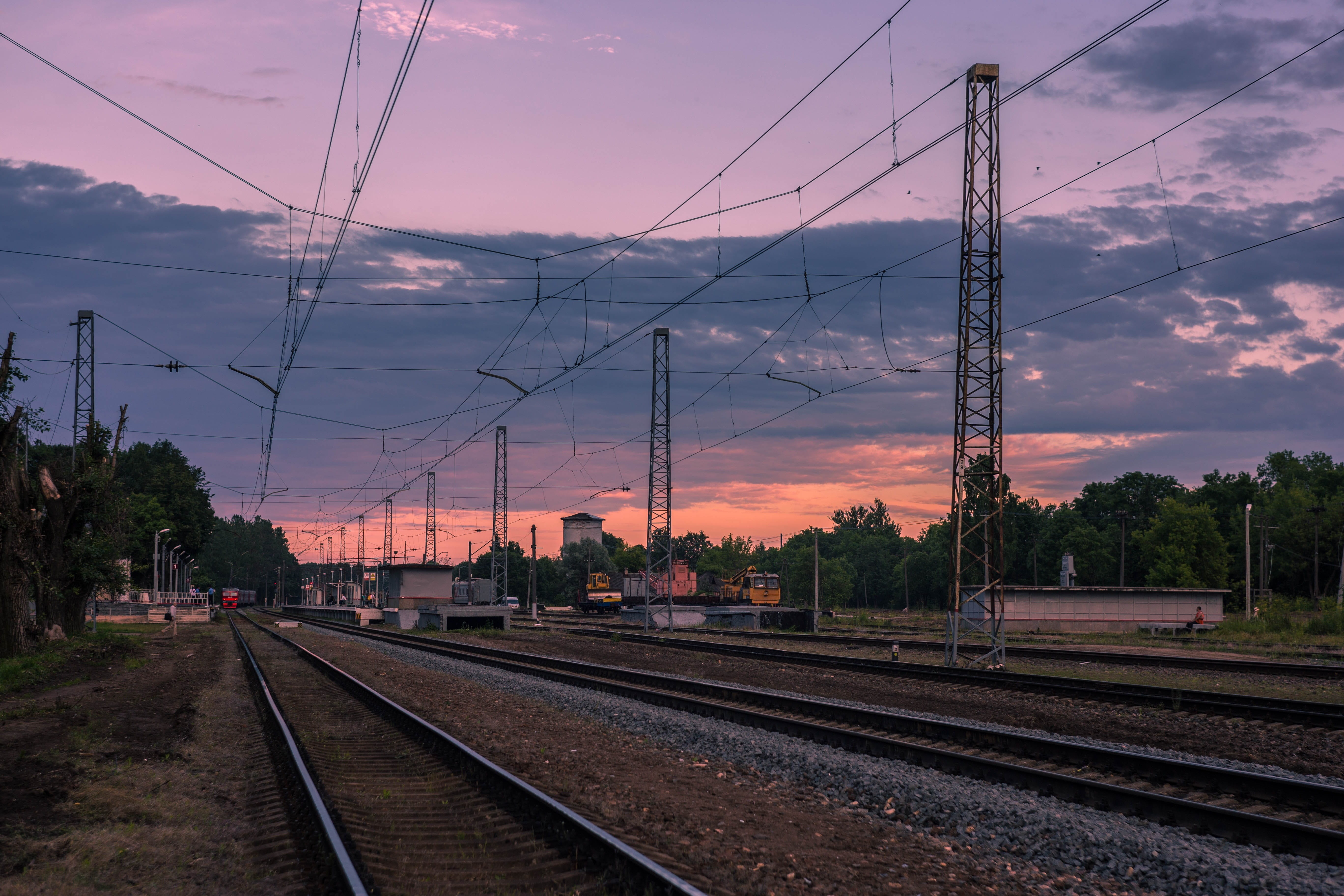 fuel and power generation, journey, forest, sleepers, memories, cloud - sky, road, composition, no people, train, heat, summer, technology, electricity pylon, HD Wallpaper