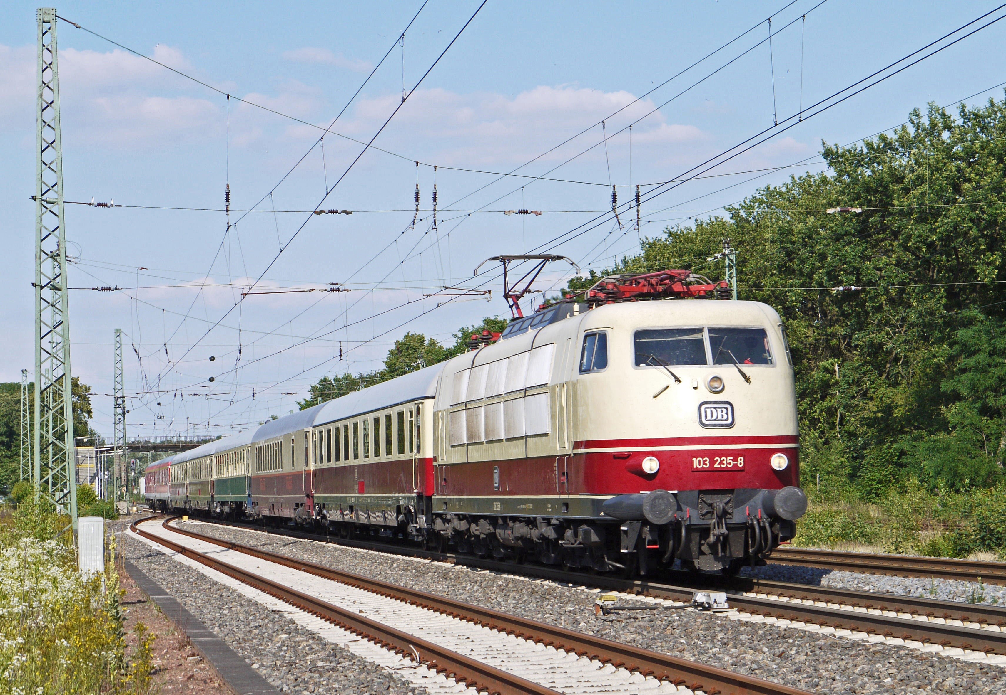 db, electric locomotive, transit, rail transportation, nostalgia, red and cream, cable, seemed, transportation, westfalen, nature, railroad station platform, HD Wallpaper